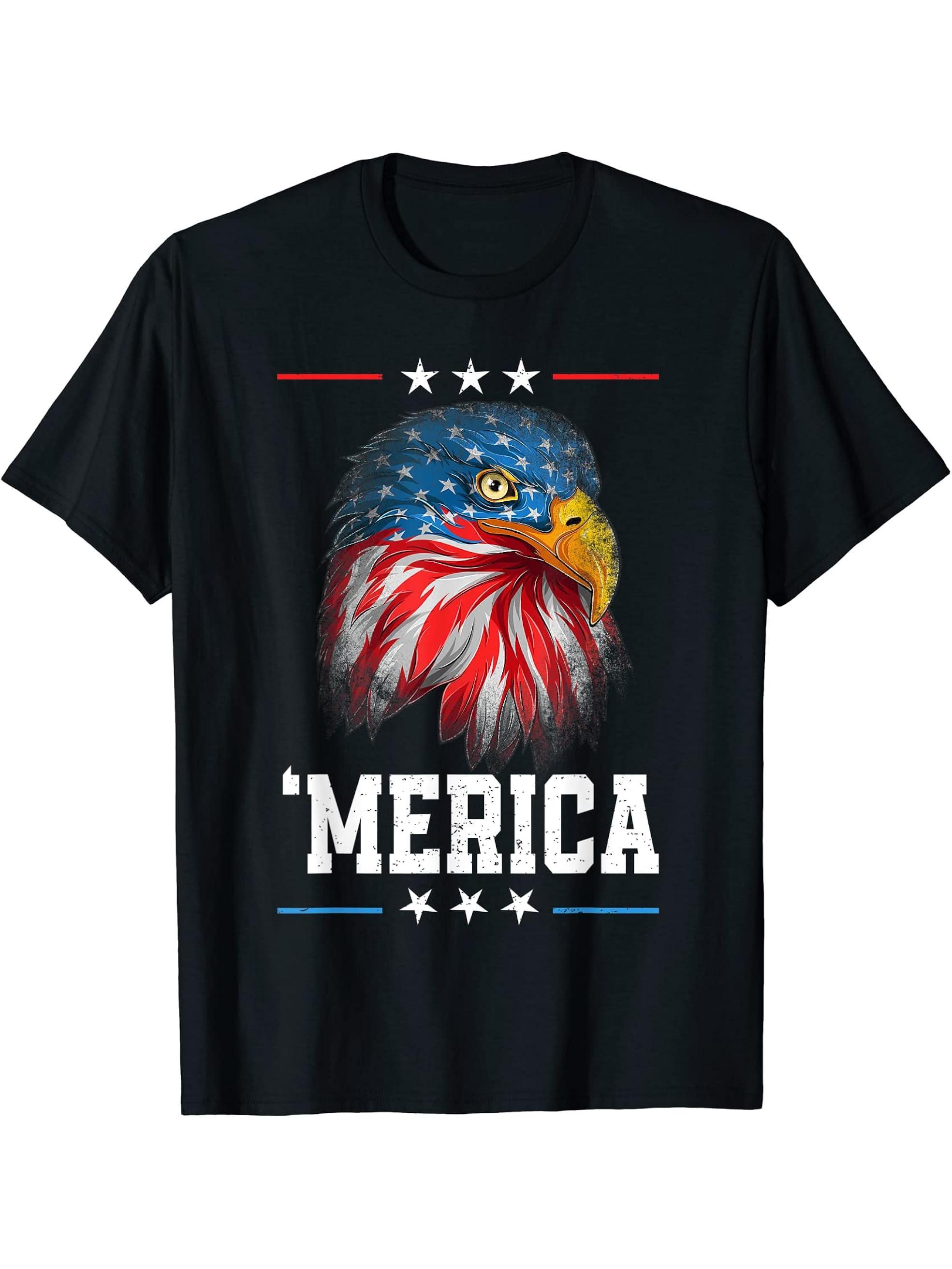 American Flag 4th Of July 'Merica Bald Eagle USA Men Women T-Shirt 180G 100% Cotton Printed Round Neck Short-Sleeve T-Shirt, Gifts for Men Dad Husband Grandpa, S-XXXL, Black