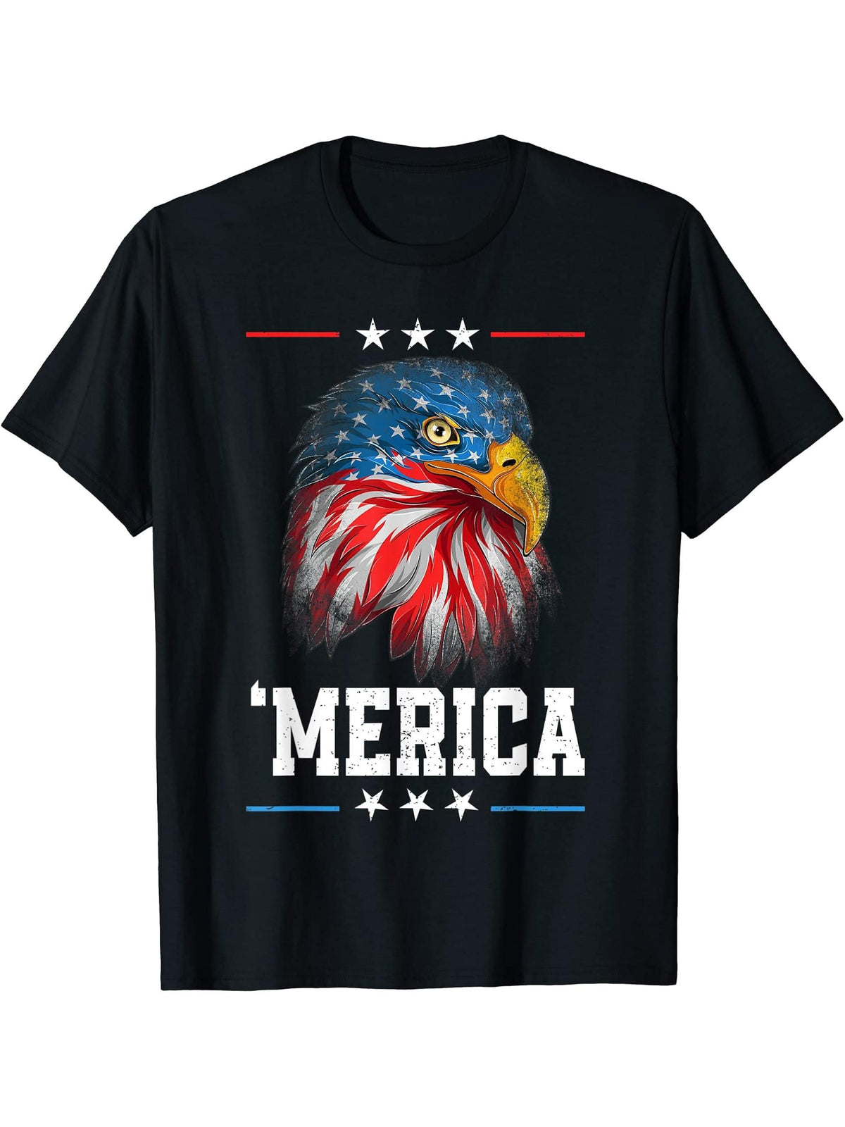 American Flag 4th Of July 'Merica Bald Eagle USA Men Women T-Shirt 180G 100% Cotton Printed Round Neck Short-Sleeve T-Shirt, Gifts for Men Dad Husband Grandpa, S-XXXL, Black