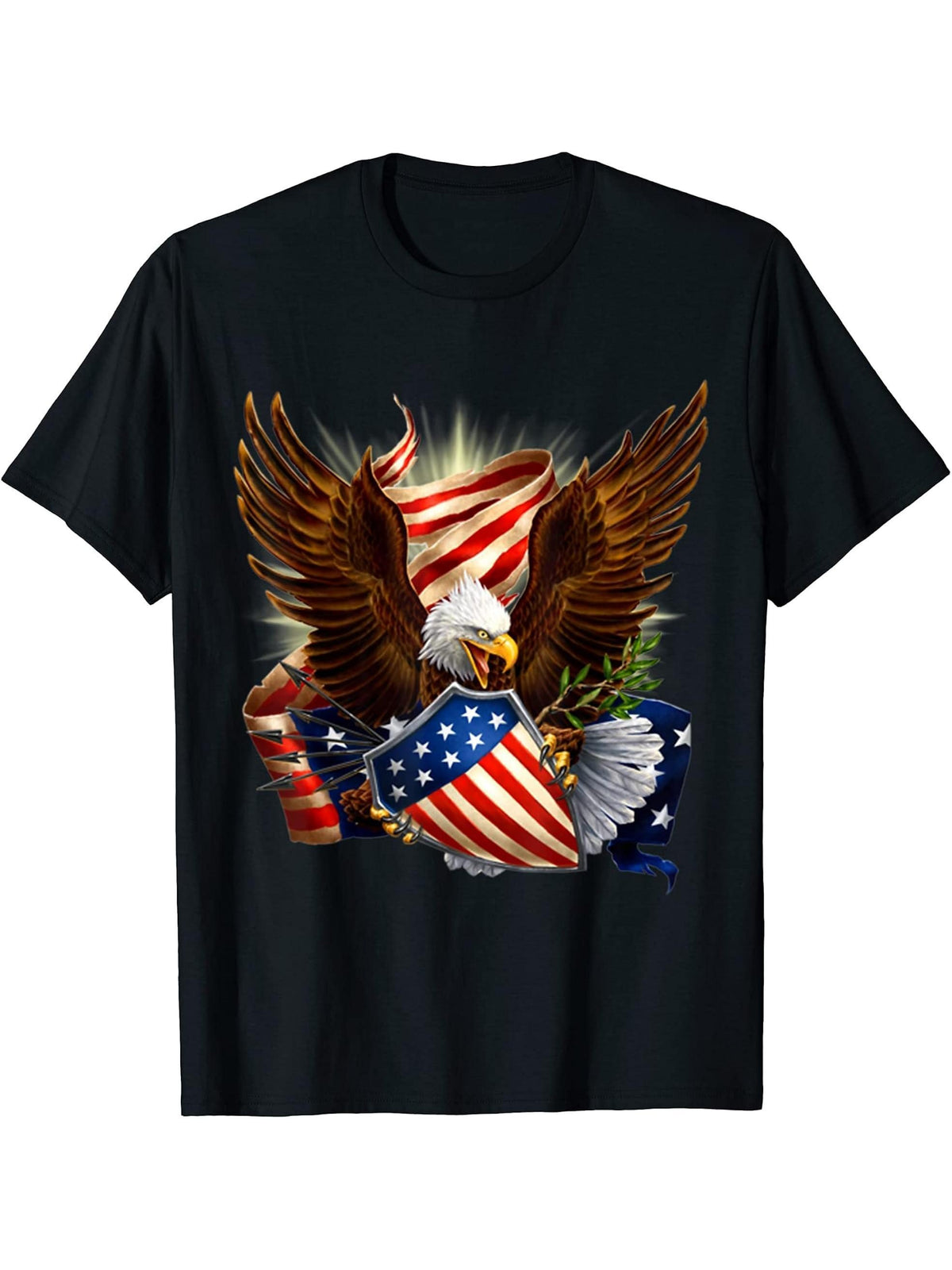 USA Flag Bald Eagle with American Flag T-Shirt 180G 100% Cotton Printed Round Neck Short-Sleeve T-Shirt, Gifts for Men Dad Husband Grandpa, S-XXXL, Black