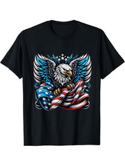 American Bald Eagle USA Flag 4th of July T-Shirt 180G 100% Cotton Printed Round Neck Short-Sleeve T-Shirt, Gifts for Men Dad Husband Grandpa, S-XXXL, Black