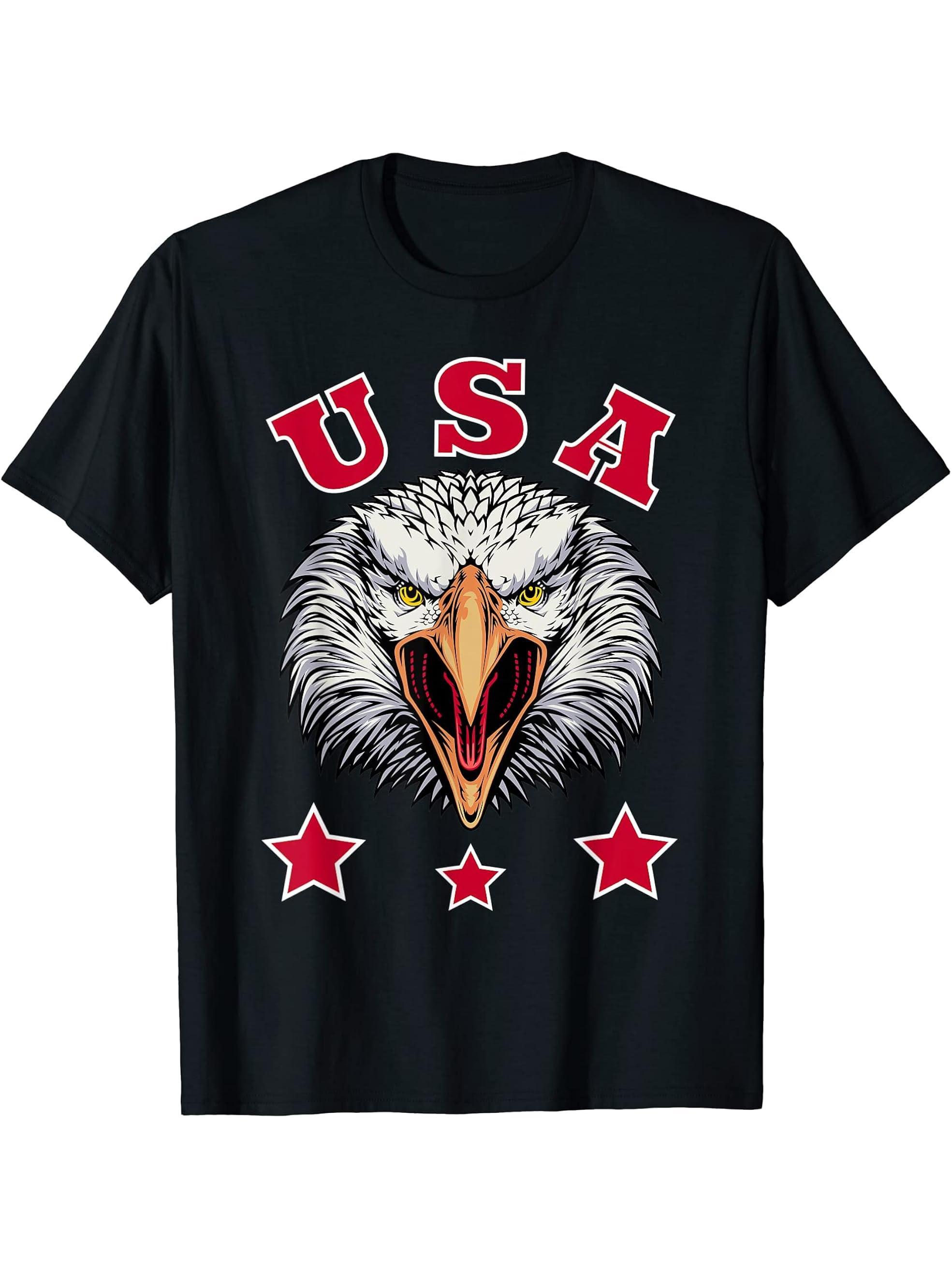 USA Patriotic Bald Eagle T-Shirt 180G 100% Cotton Printed Round Neck Short-Sleeve T-Shirt, Gifts for Men Dad Husband Grandpa, S-XXXL, Black