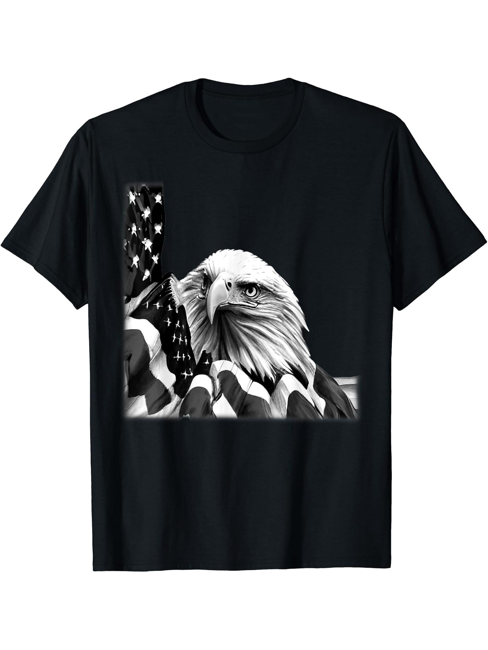 Bald Eagle American National Symbol Animal Patriotic Freedom T-Shirt 180G 100% Cotton Printed Round Neck Short-Sleeve T-Shirt, Gifts for Men Dad Husband Grandpa, S-XXXL, Black