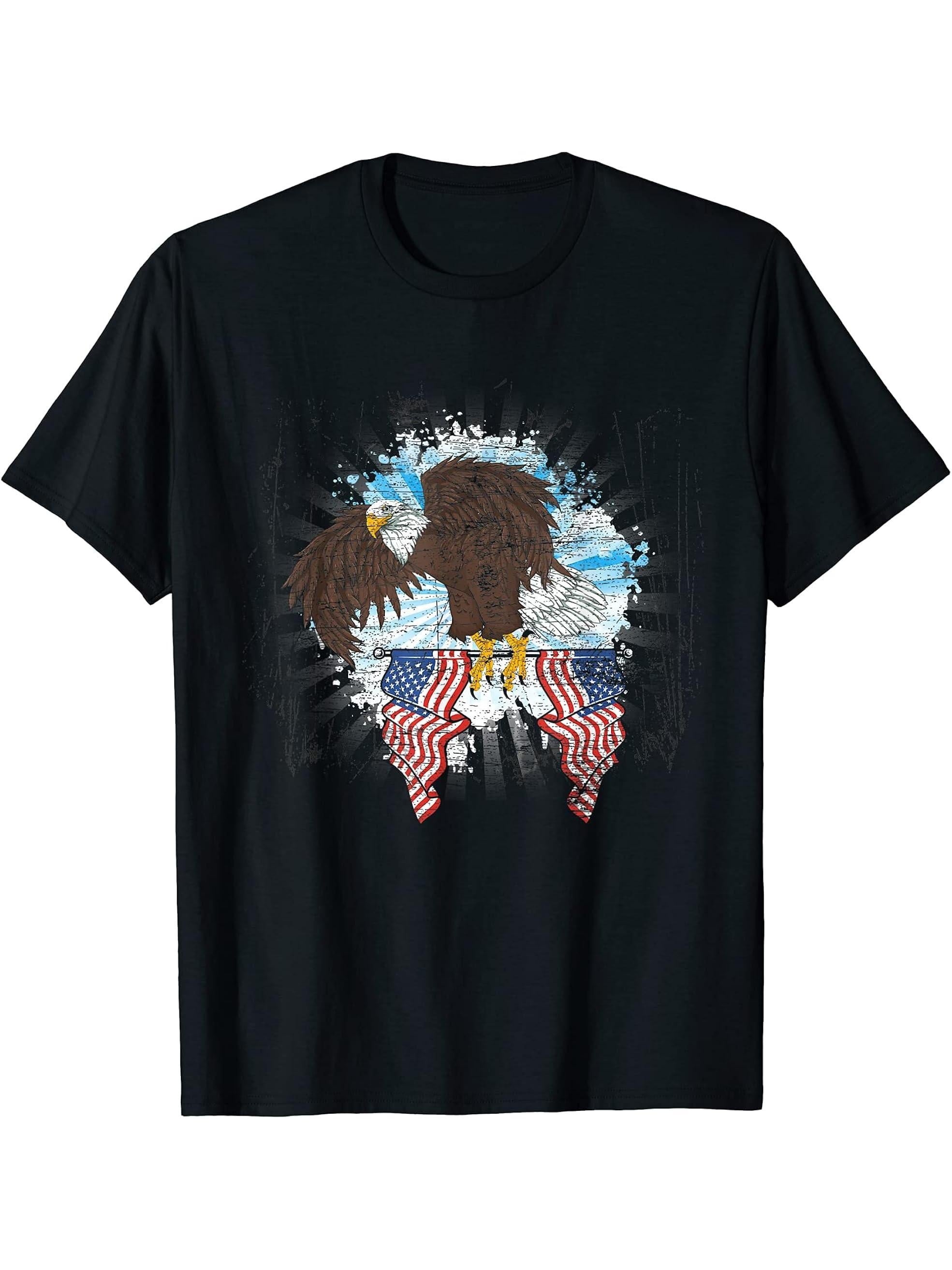 Freedom Pride Liberty US Flag Patriotic American Bald Eagle T-Shirt 180G 100% Cotton Printed Round Neck Short-Sleeve T-Shirt, Gifts for Men Dad Husband Grandpa, S-XXXL, Black