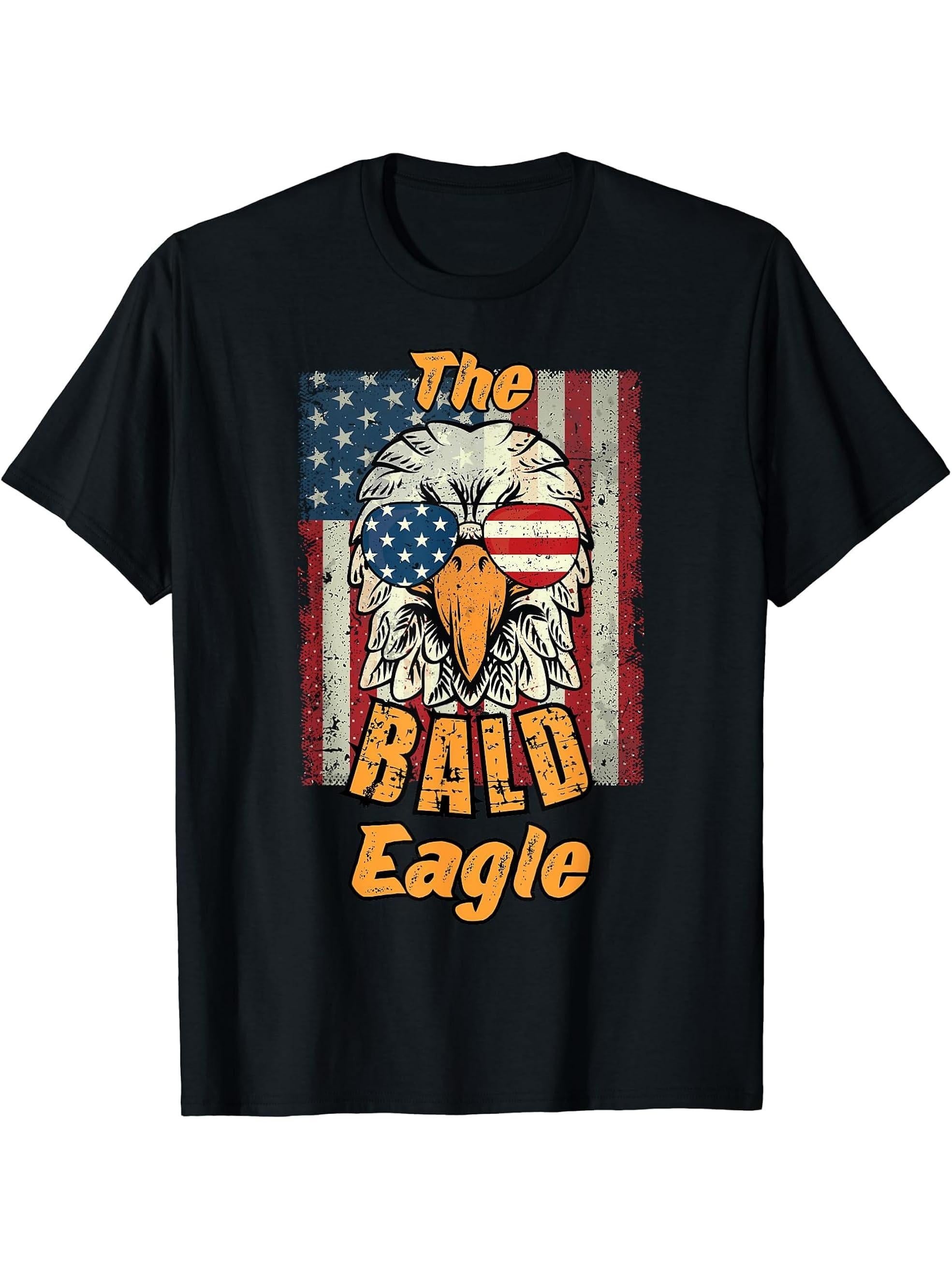 Cool Vintage Family Matching Bald Eagle 4th of July T-Shirt 180G 100% Cotton Printed Round Neck Short-Sleeve T-Shirt, Gifts for Men Dad Husband Grandpa, S-XXXL, Black