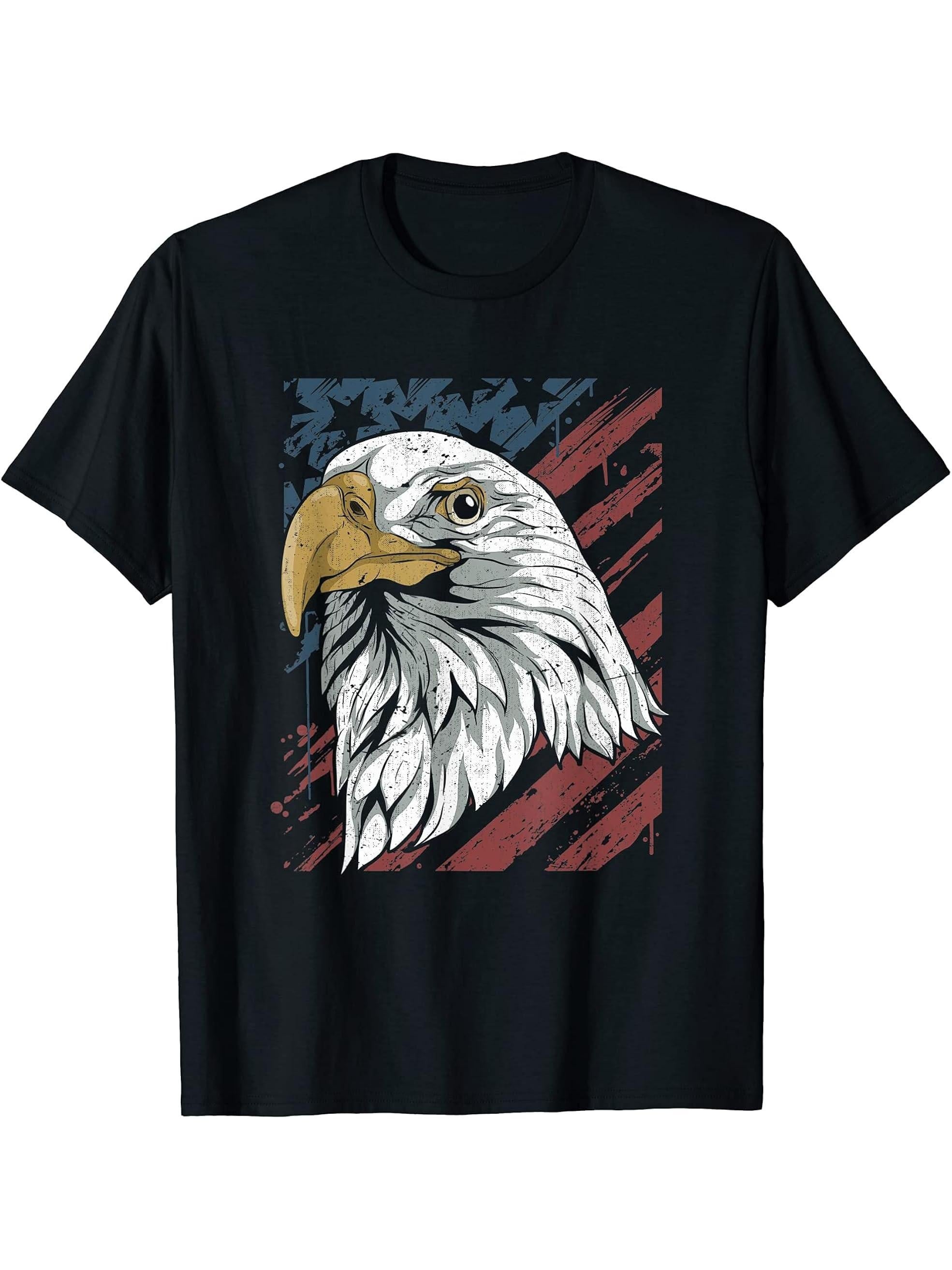 Freedom Pride Liberty US Flag Patriotic American Bald Eagle T-Shirt 180G 100% Cotton Printed Round Neck Short-Sleeve T-Shirt, Gifts for Men Dad Husband Grandpa, S-XXXL, Black