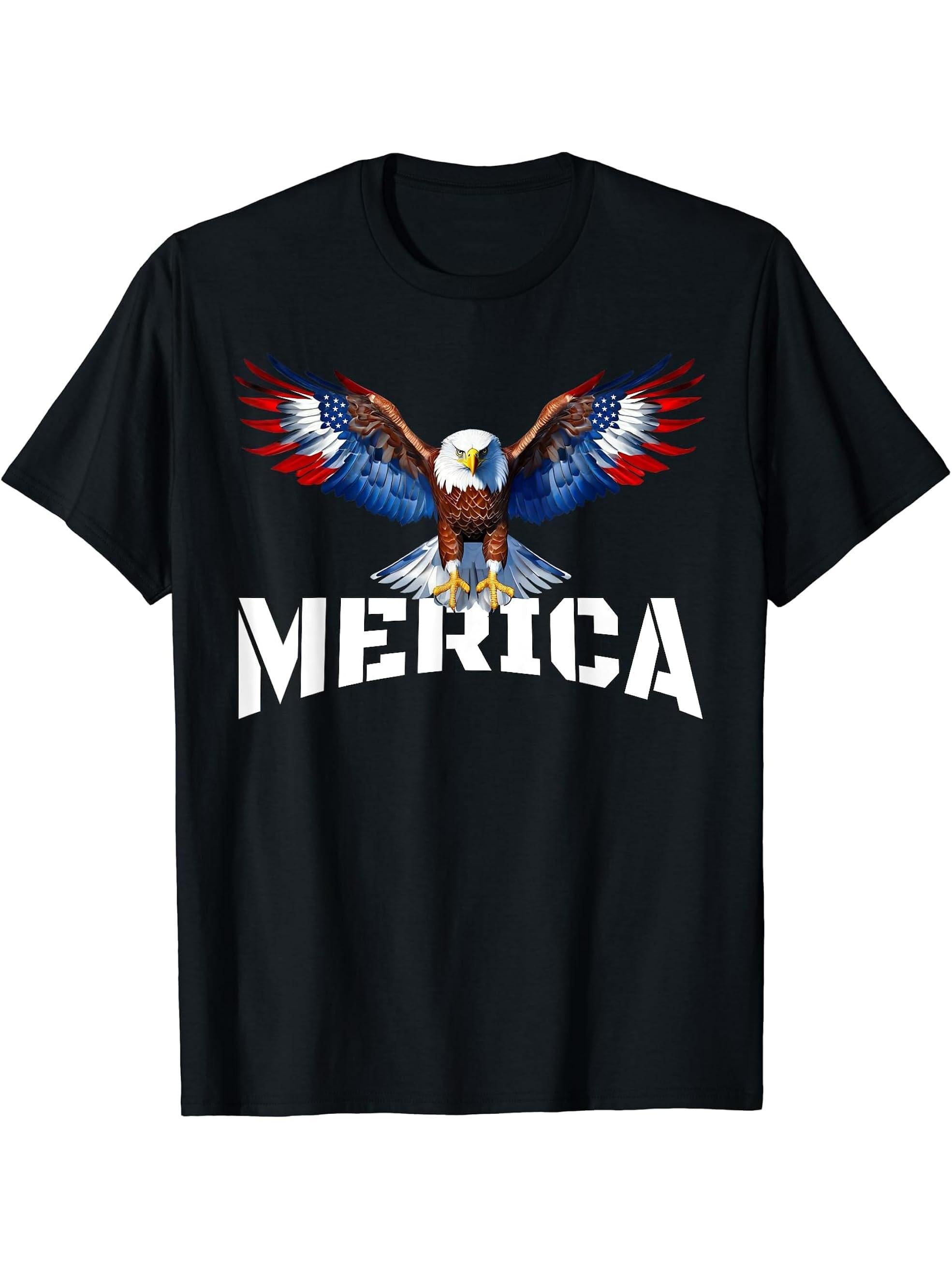 Merica Bald Eagle American Flag USA Patriotic 4th Of July T-Shirt 180G 100% Cotton Printed Round Neck Short-Sleeve T-Shirt, Gifts for Men Dad Husband Grandpa, S-XXXL, Black