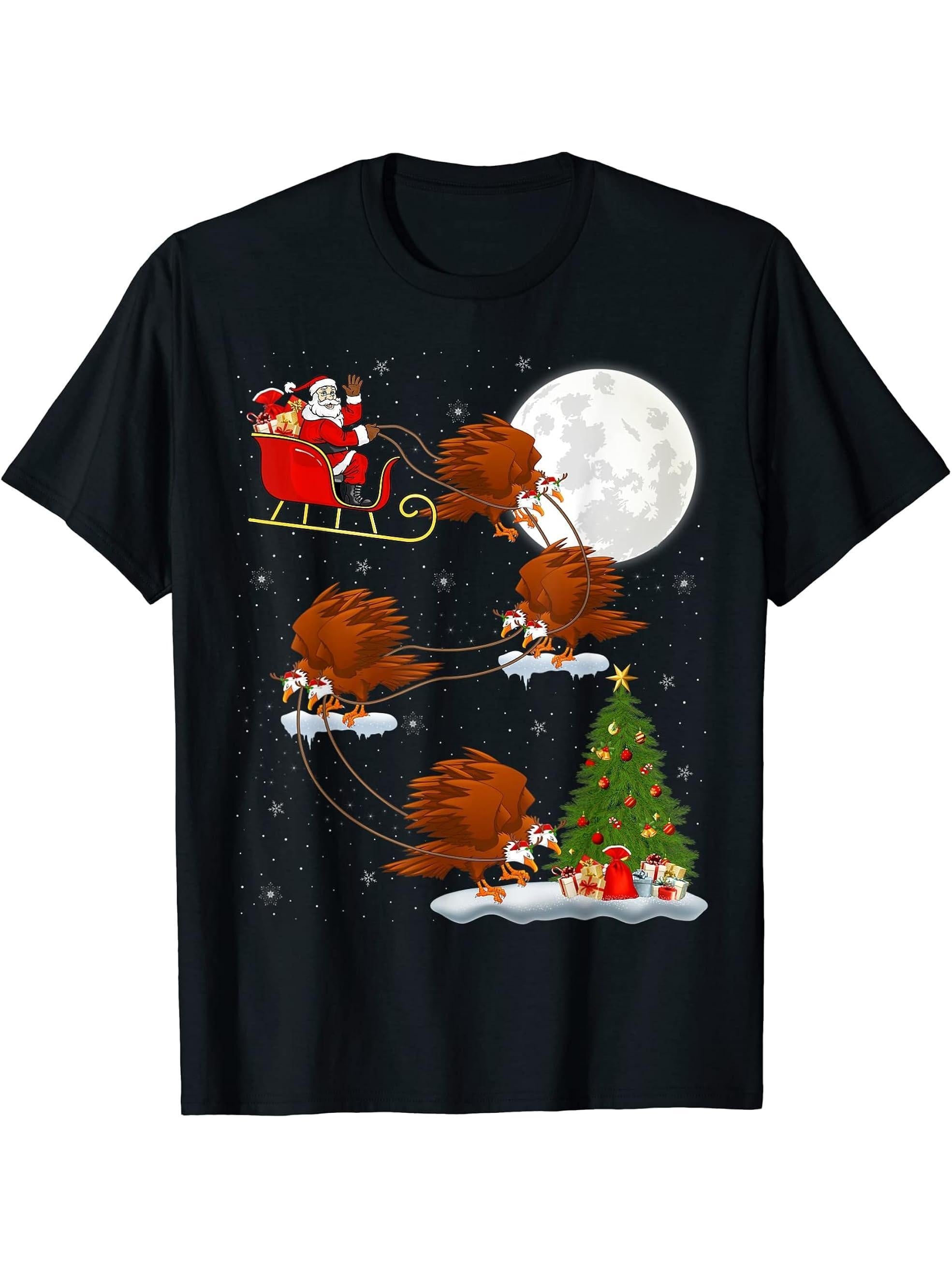 Funny Xmas Lighting Tree Santa Riding Bald Eagle Christmas T-Shirt 180G 100% Cotton Printed Round Neck Short-Sleeve T-Shirt, Gifts for Men Dad Husband Grandpa, S-XXXL, Black