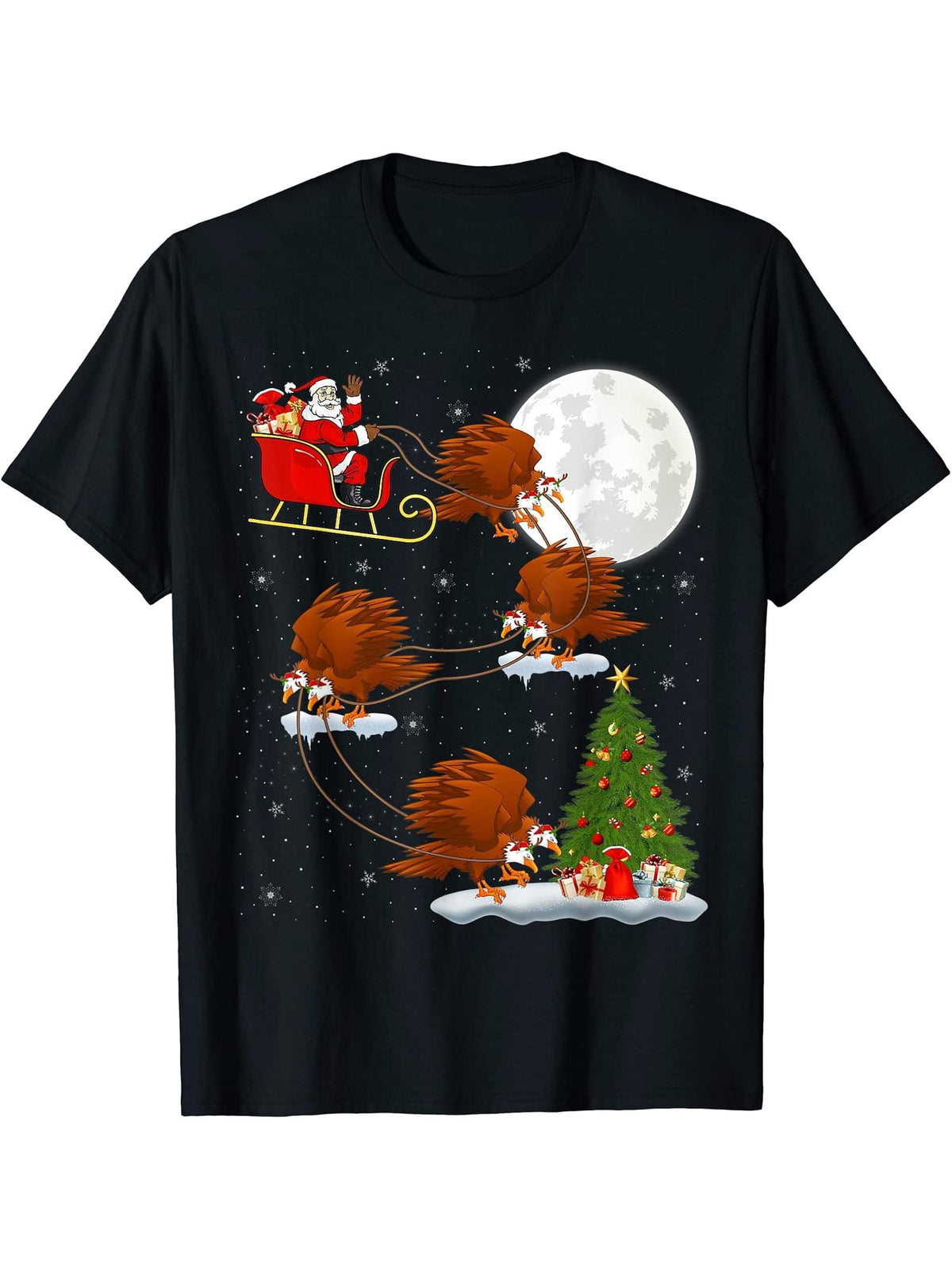 Funny Xmas Lighting Tree Santa Riding Bald Eagle Christmas T-Shirt 180G 100% Cotton Printed Round Neck Short-Sleeve T-Shirt, Gifts for Men Dad Husband Grandpa, S-XXXL, Black