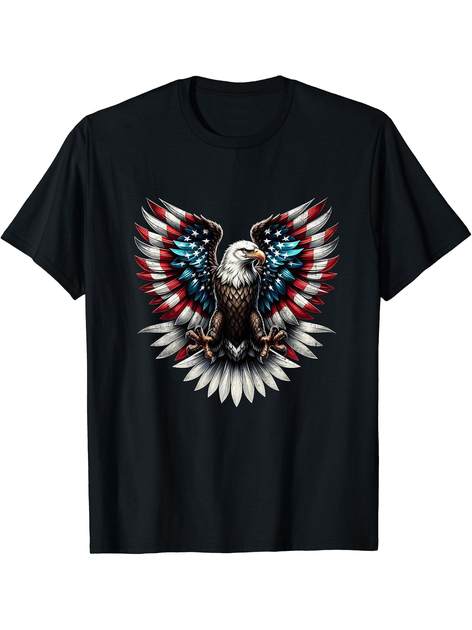 Bald Eagle American Flag 4th Of July T-Shirt 180G 100% Cotton Printed Round Neck Short-Sleeve T-Shirt, Gifts for Men Dad Husband Grandpa, S-XXXL, Black