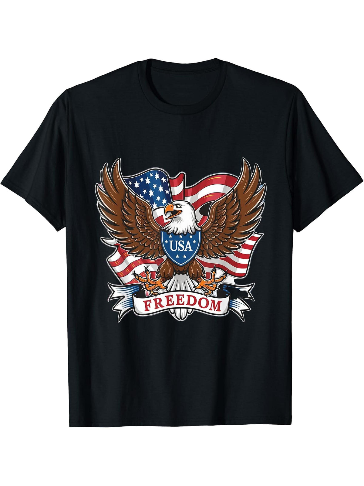 USA FREEDOM Merica America Bald Eagle T-Shirt 180G 100% Cotton Printed Round Neck Short-Sleeve T-Shirt, Gifts for Men Dad Husband Grandpa, S-XXXL, Black