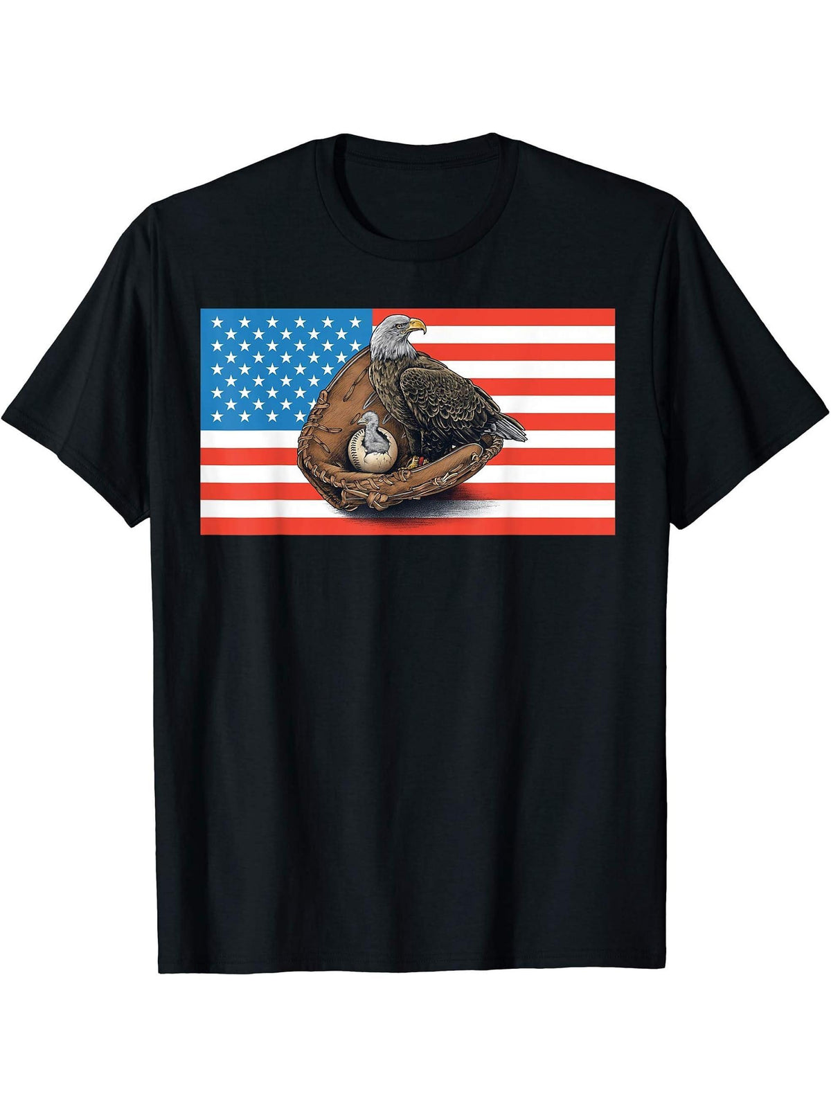 American Baseball Bald Eagles Sports Baseball American Flag T-Shirt 180G 100% Cotton Printed Round Neck Short-Sleeve T-Shirt, Gifts for Men Dad Husband Grandpa, S-XXXL, Black