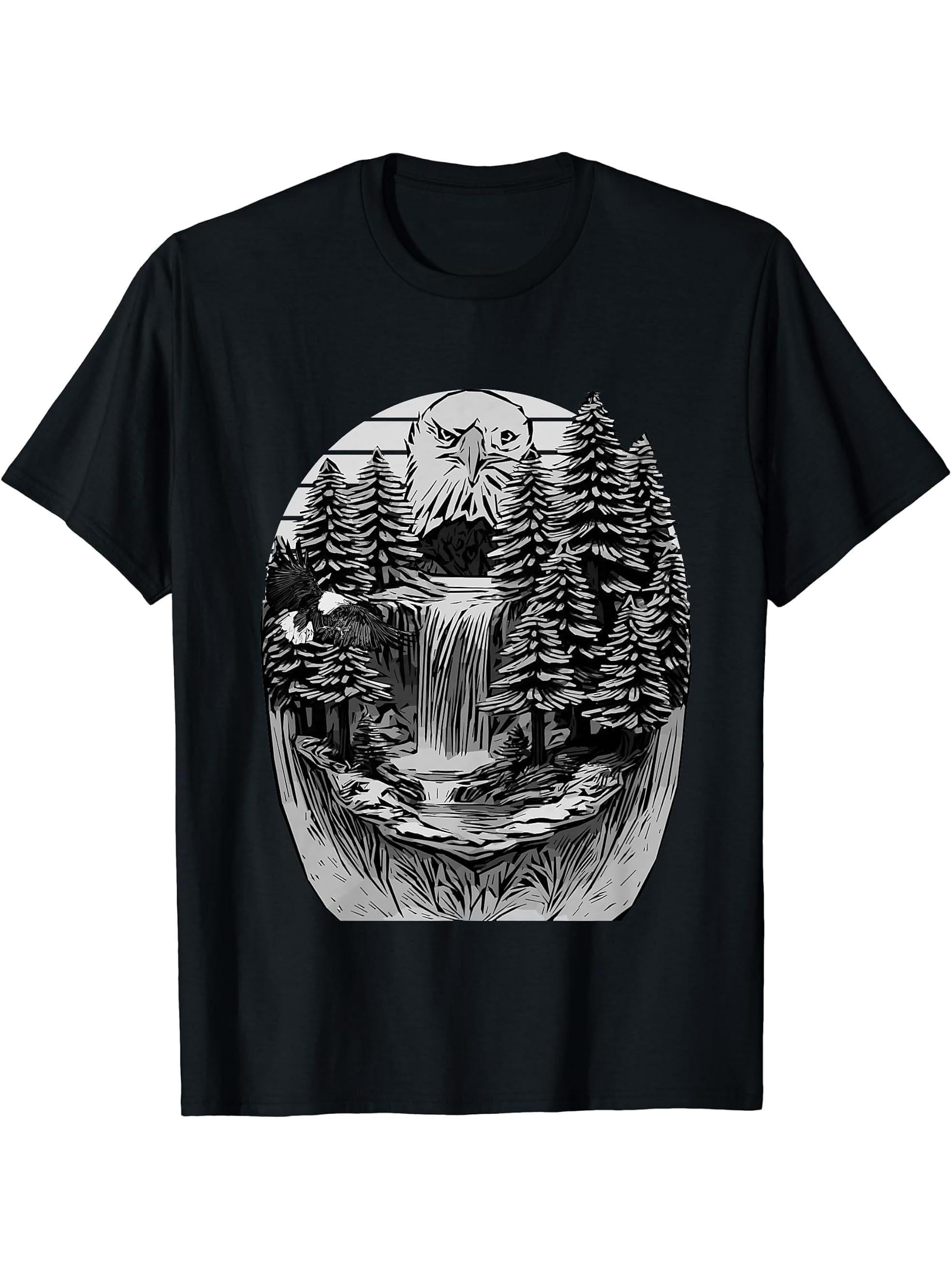 Waterfall in the Forest Bald Eagle Nature Animal Trees River T-Shirt 180G 100% Cotton Printed Round Neck Short-Sleeve T-Shirt, Gifts for Men Dad Husband Grandpa, S-XXXL, Black