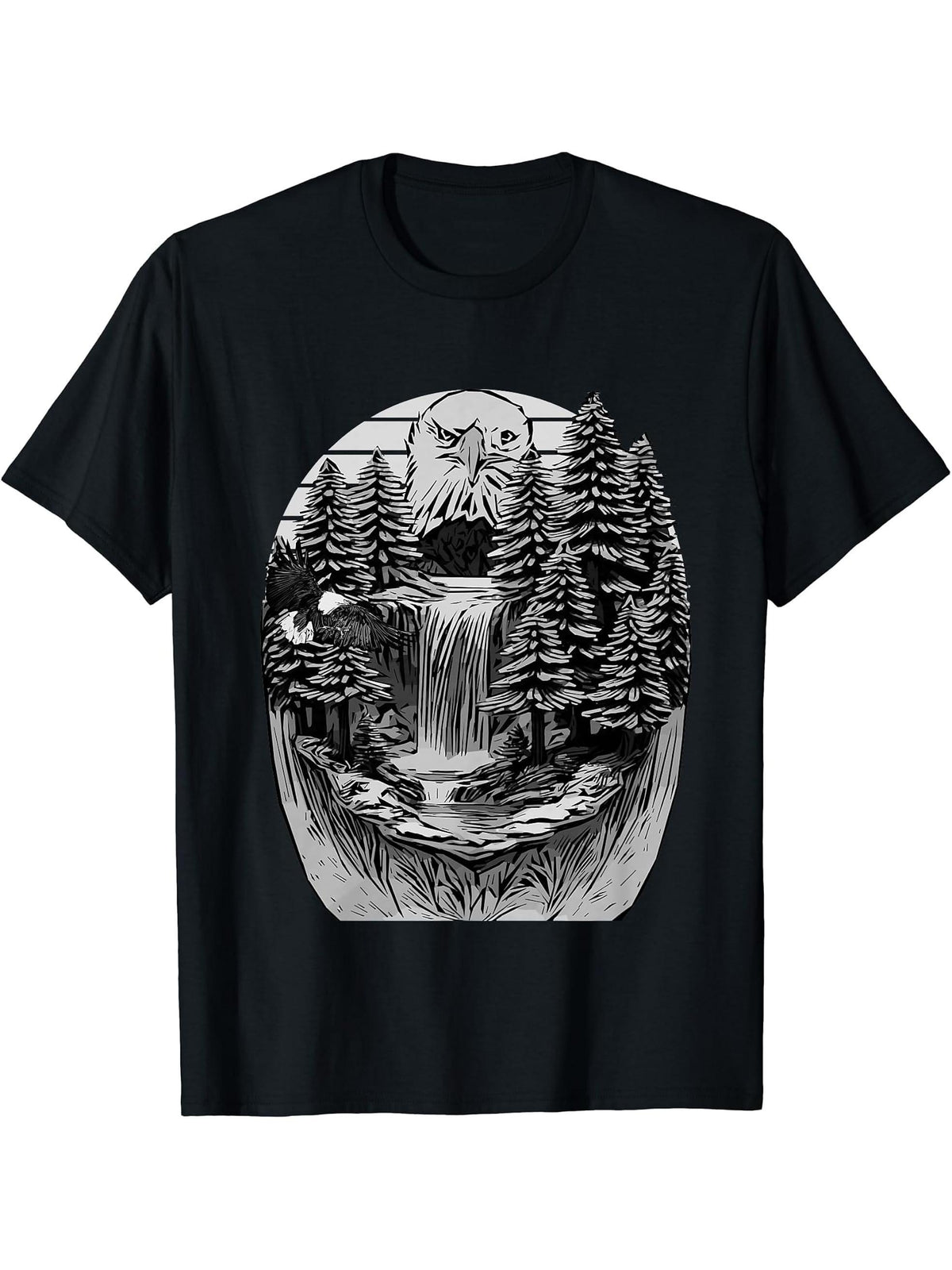 Waterfall in the Forest Bald Eagle Nature Animal Trees River T-Shirt 180G 100% Cotton Printed Round Neck Short-Sleeve T-Shirt, Gifts for Men Dad Husband Grandpa, S-XXXL, Black