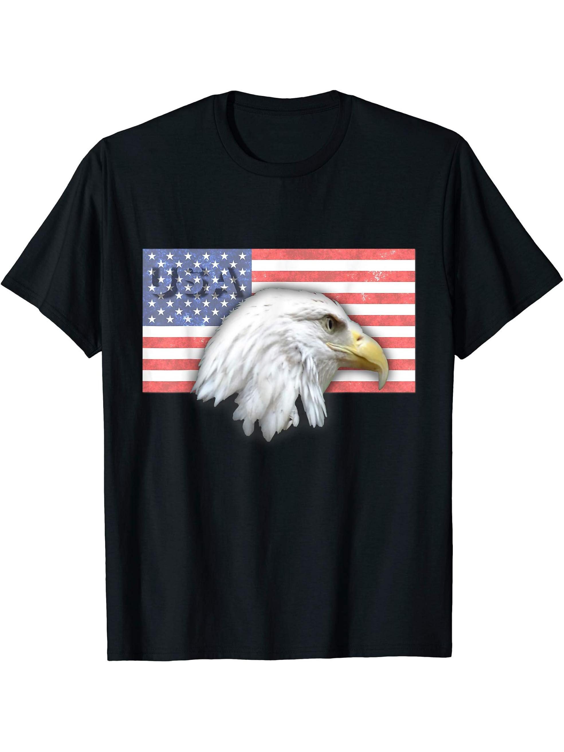 Bald Eagle USA flag Patriotic T-Shirt 180G 100% Cotton Printed Round Neck Short-Sleeve T-Shirt, Gifts for Men Dad Husband Grandpa, S-XXXL, Black