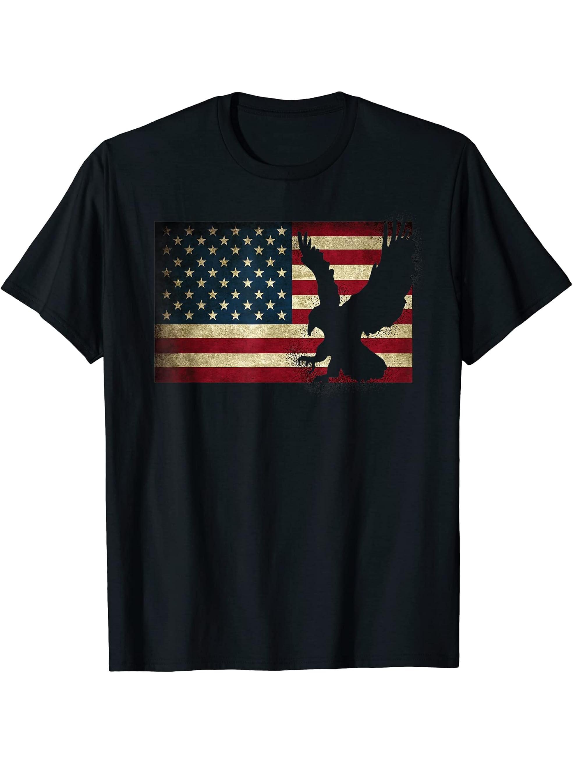 American Flag with Bald Eagle 4th of July USA Patriotic USA T-Shirt 180G 100% Cotton Printed Round Neck Short-Sleeve T-Shirt, Gifts for Men Dad Husband Grandpa, S-XXXL, Black