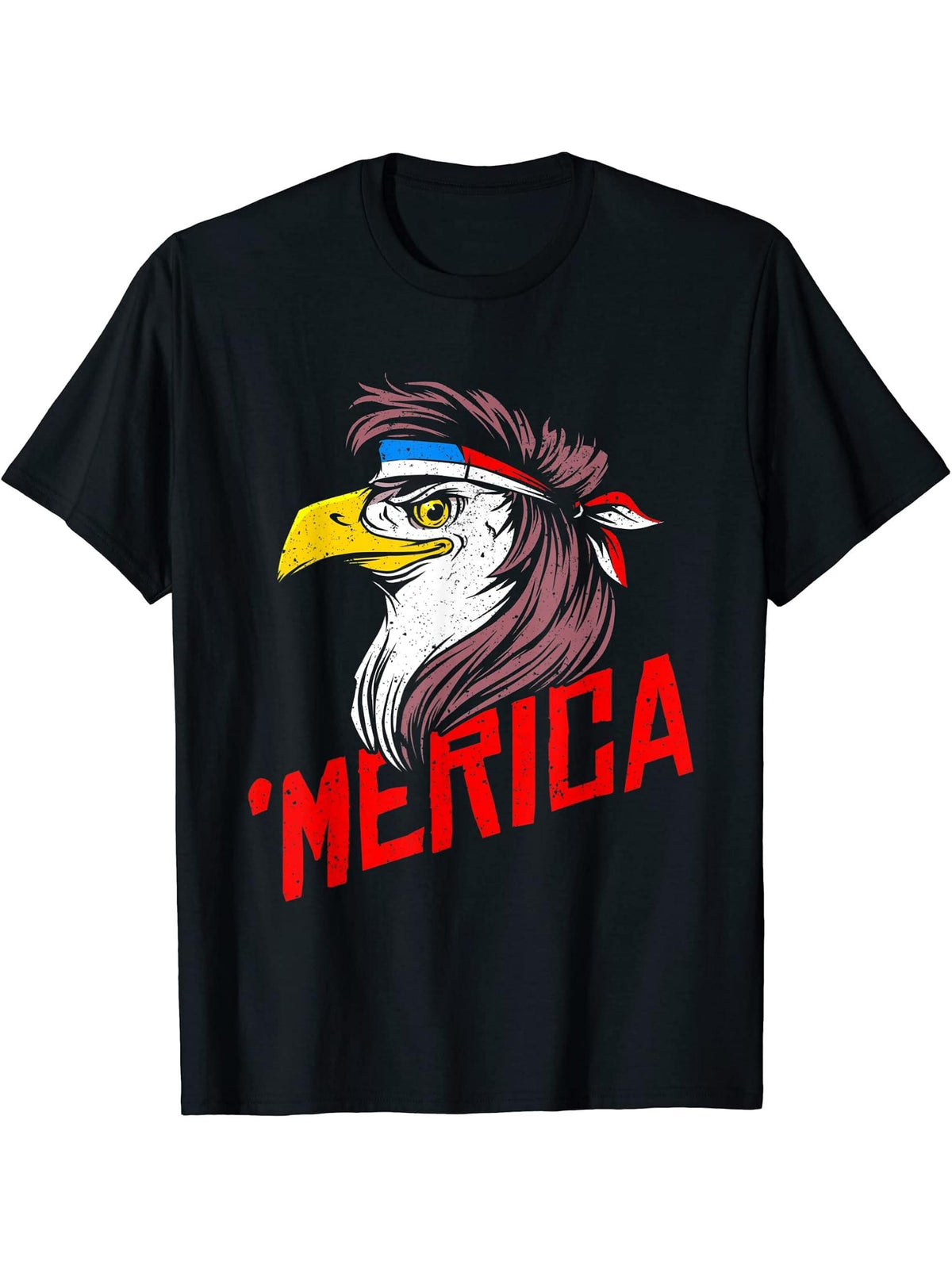 Merica Bald Eagle Mullet USA American Flag T-Shirt 180G 100% Cotton Printed Round Neck Short-Sleeve T-Shirt, Gifts for Men Dad Husband Grandpa, S-XXXL, Black