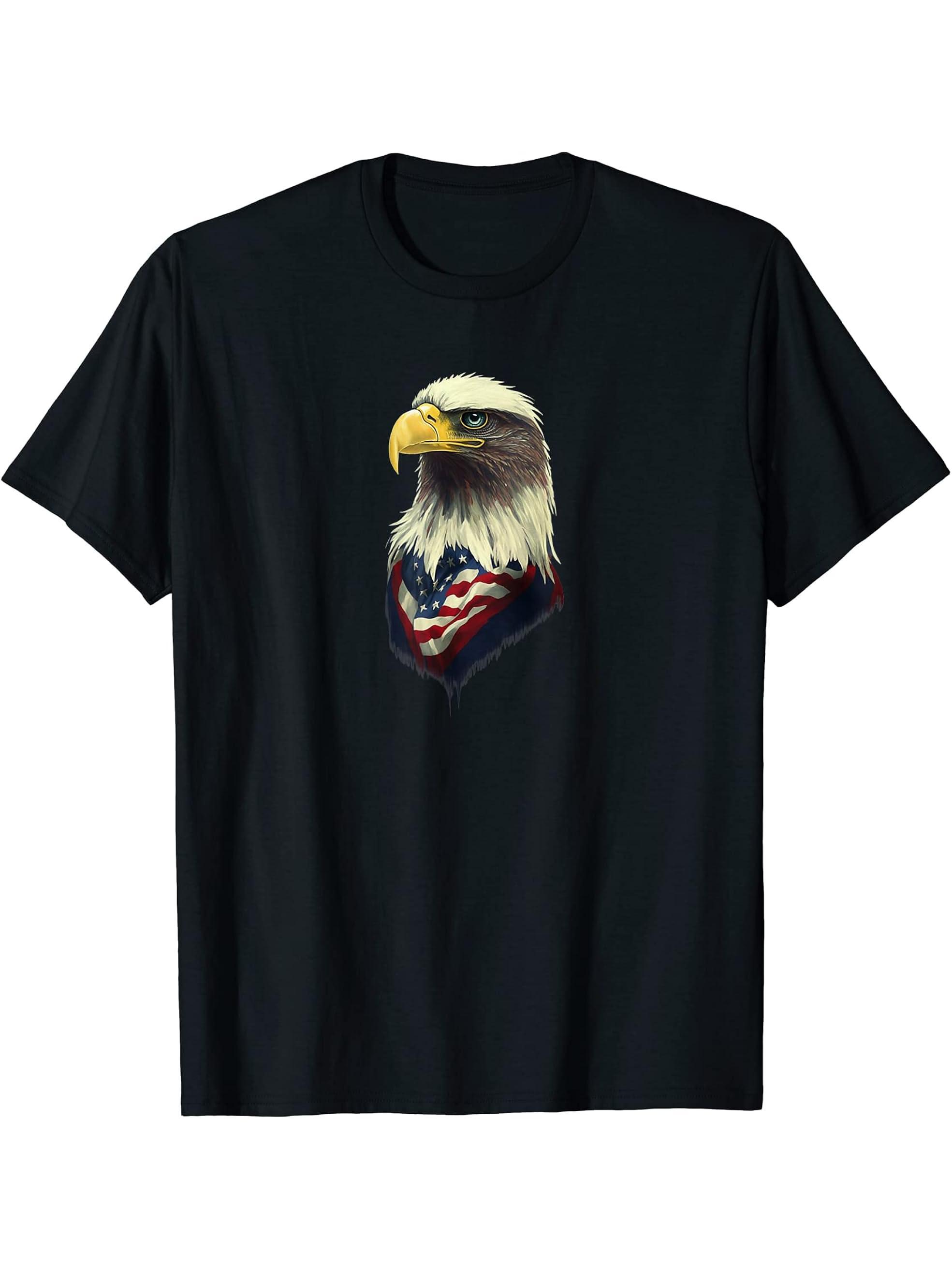 American Flag Bald Eagle T-Shirt 180G 100% Cotton Printed Round Neck Short-Sleeve T-Shirt, Gifts for Men Dad Husband Grandpa, S-XXXL, Black
