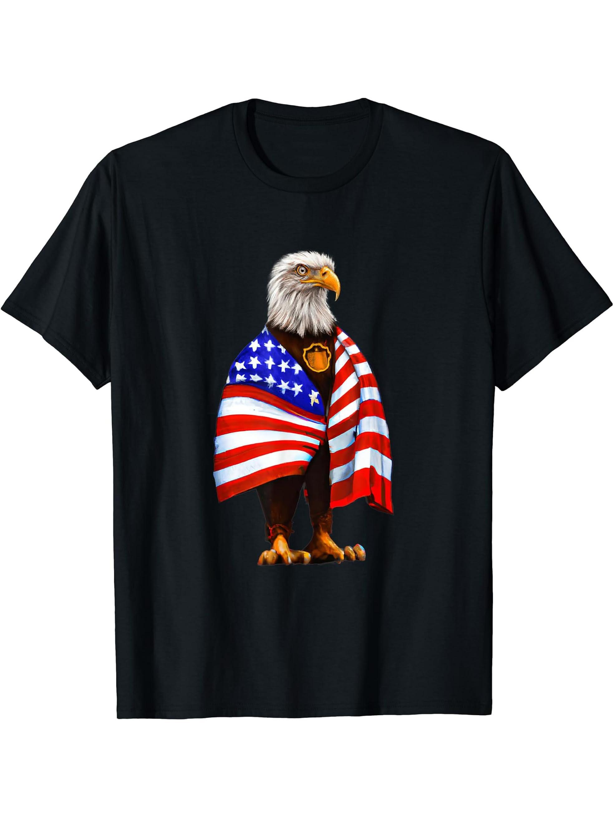 Bald Eagle Wearing An American Flag - Patriotic Eagle T-Shirt 180G 100% Cotton Printed Round Neck Short-Sleeve T-Shirt, Gifts for Men Dad Husband Grandpa, S-XXXL, Black