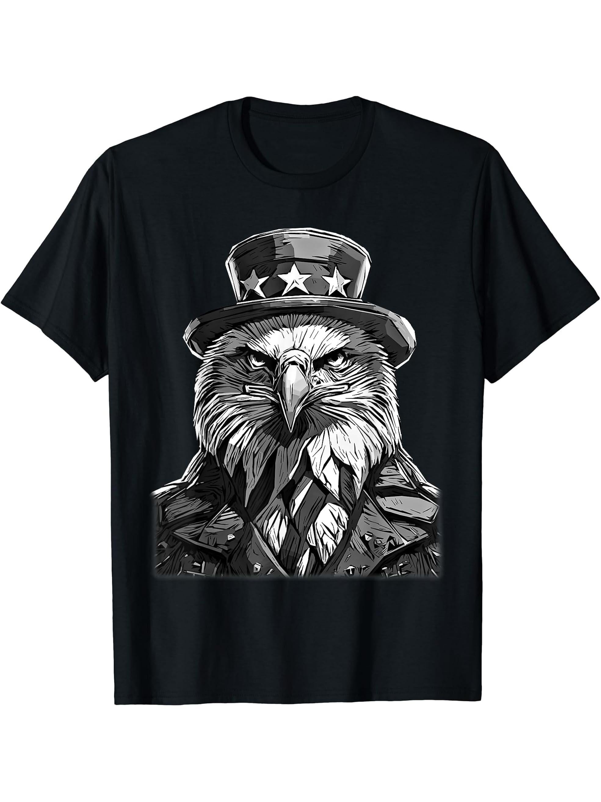 American Meme Bald Eagle Patriotic Bird Flag Lincoln Hat T-Shirt 180G 100% Cotton Printed Round Neck Short-Sleeve T-Shirt, Gifts for Men Dad Husband Grandpa, S-XXXL, Black