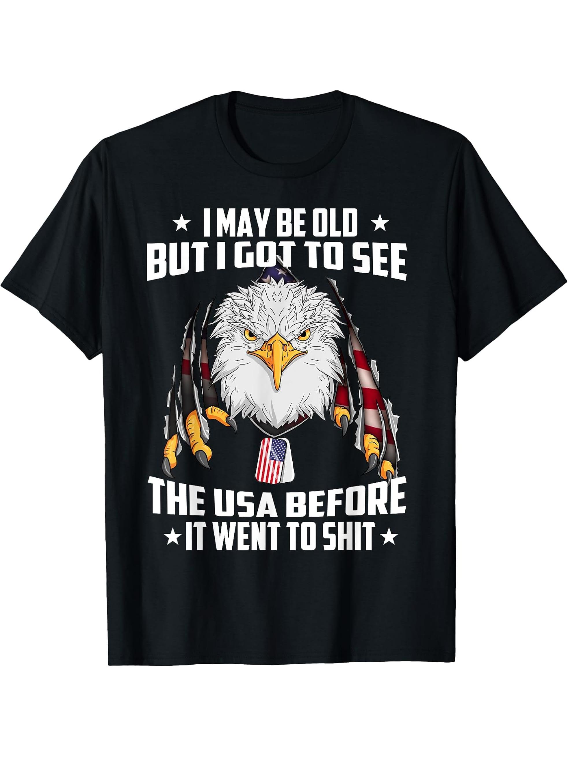 I May Be Old But America American Bald Eagle T-Shirt 180G 100% Cotton Printed Round Neck Short-Sleeve T-Shirt, Gifts for Men Dad Husband Grandpa, S-XXXL, Black