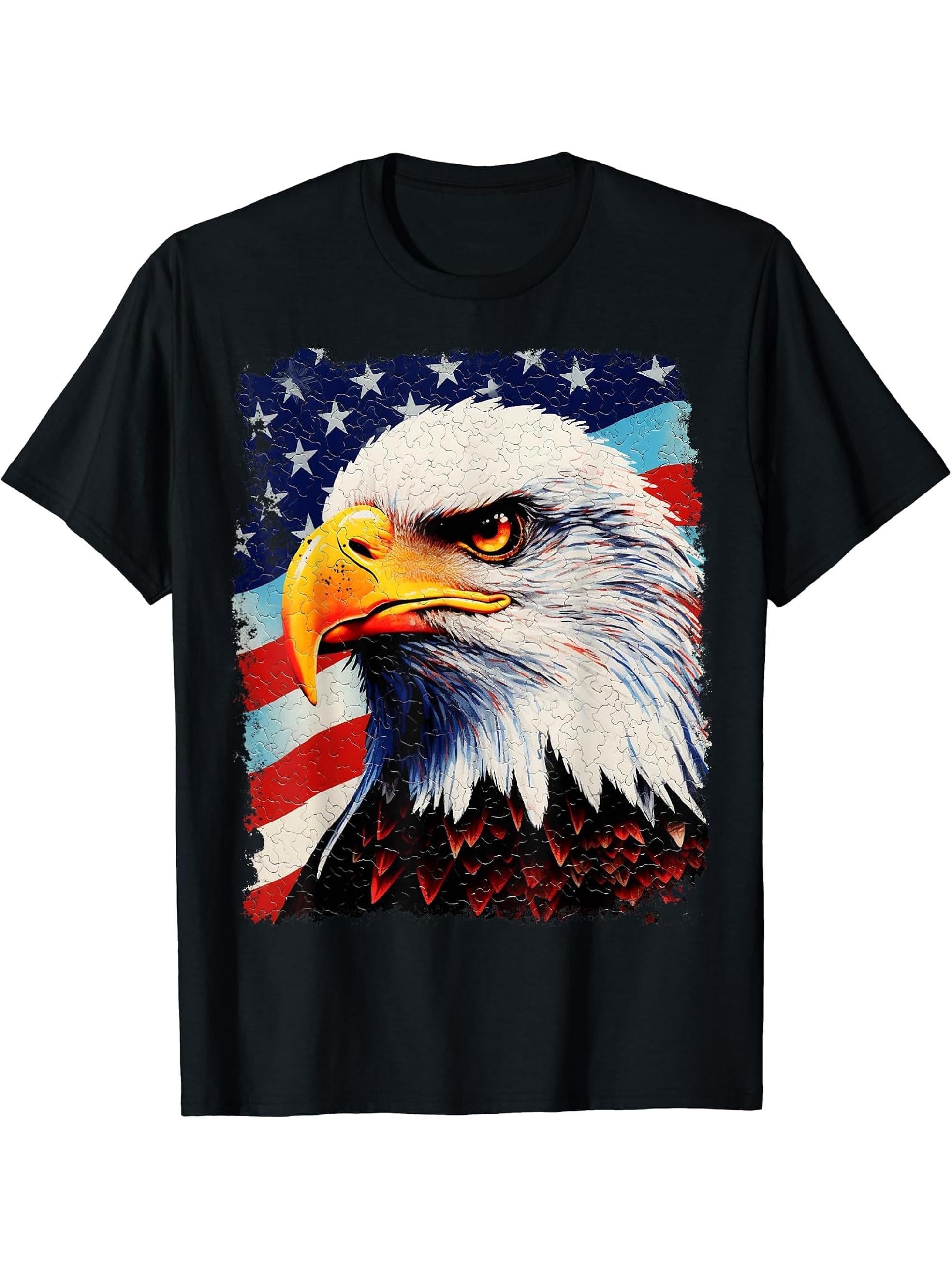 Pop Art Colorful Animal Bald Eagle American T-Shirt 180G 100% Cotton Printed Round Neck Short-Sleeve T-Shirt, Gifts for Men Dad Husband Grandpa, S-XXXL, Black