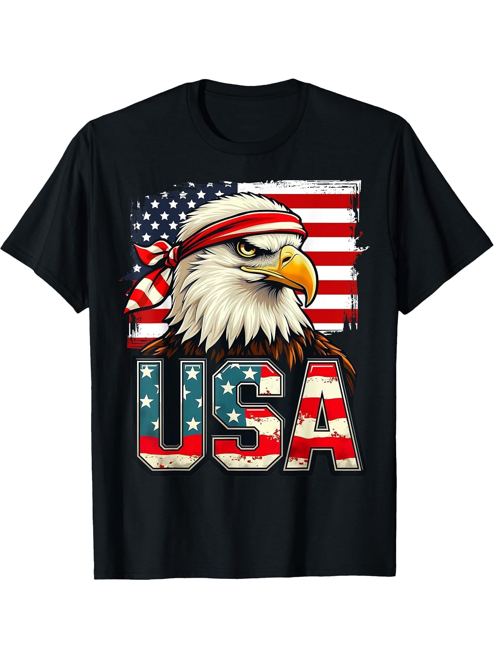 Patriotic Bald Eagle USA American Flag 4th Of July T-Shirt 180G 100% Cotton Printed Round Neck Short-Sleeve T-Shirt, Gifts for Men Dad Husband Grandpa, S-XXXL, Black