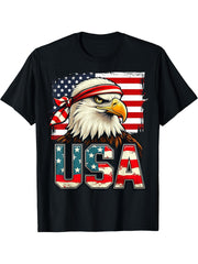 Patriotic Bald Eagle USA American Flag 4th Of July T-Shirt 180G 100% Cotton Printed Round Neck Short-Sleeve T-Shirt, Gifts for Men Dad Husband Grandpa, S-XXXL, Black