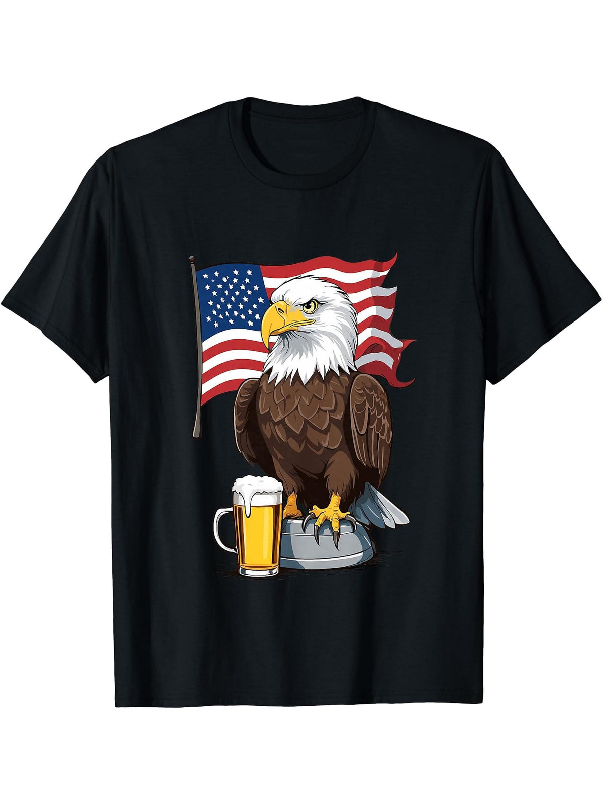 Funny Bald Eagle With Beer Mug 4th Of July Memorial Day T-Shirt 180G 100% Cotton Printed Round Neck Short-Sleeve T-Shirt, Gifts for Men Dad Husband Grandpa, S-XXXL, Black