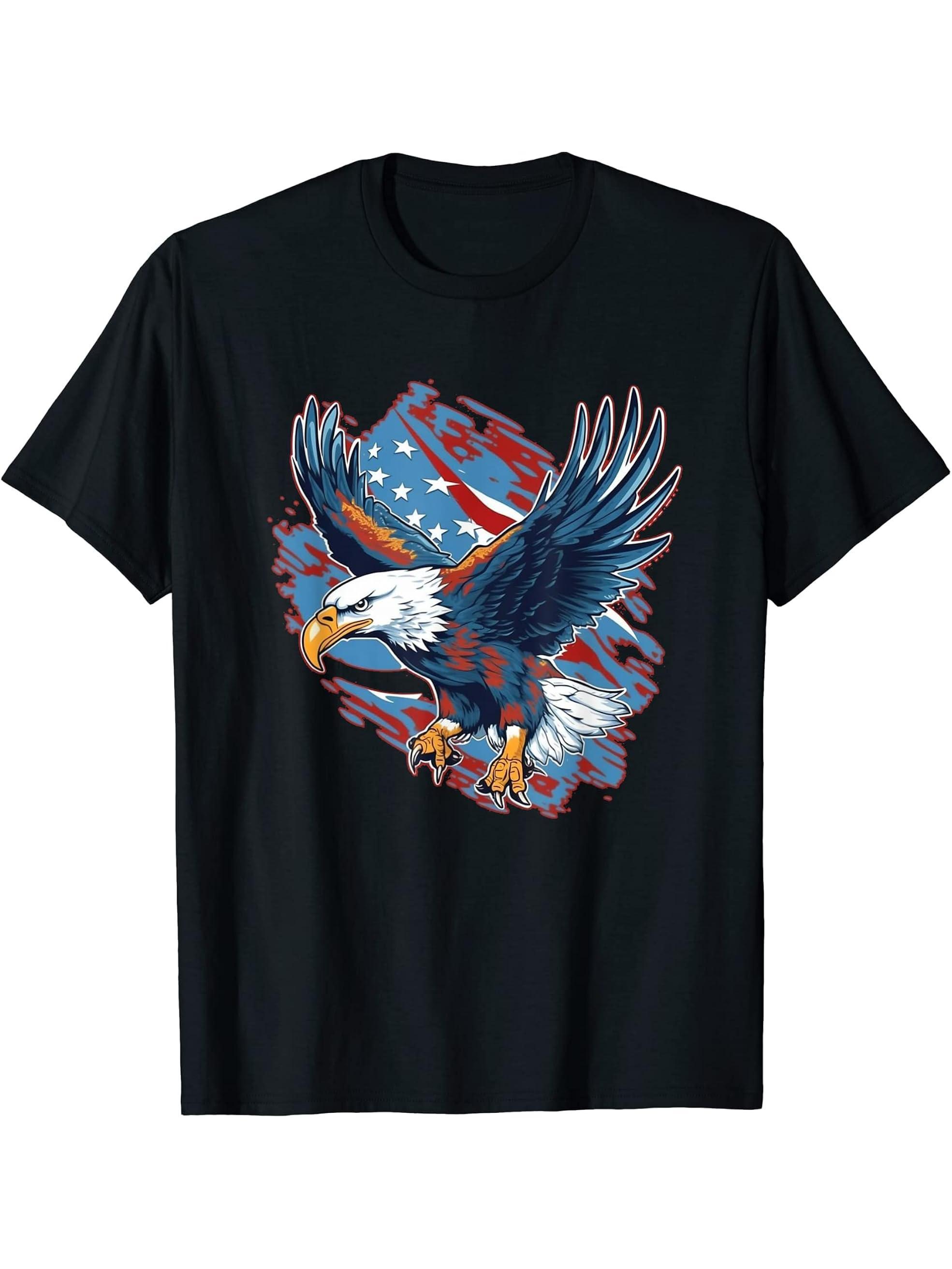 American Bald Eagle Men Women Boy Girl T-Shirt 180G 100% Cotton Printed Round Neck Short-Sleeve T-Shirt, Gifts for Men Dad Husband Grandpa, S-XXXL, Black