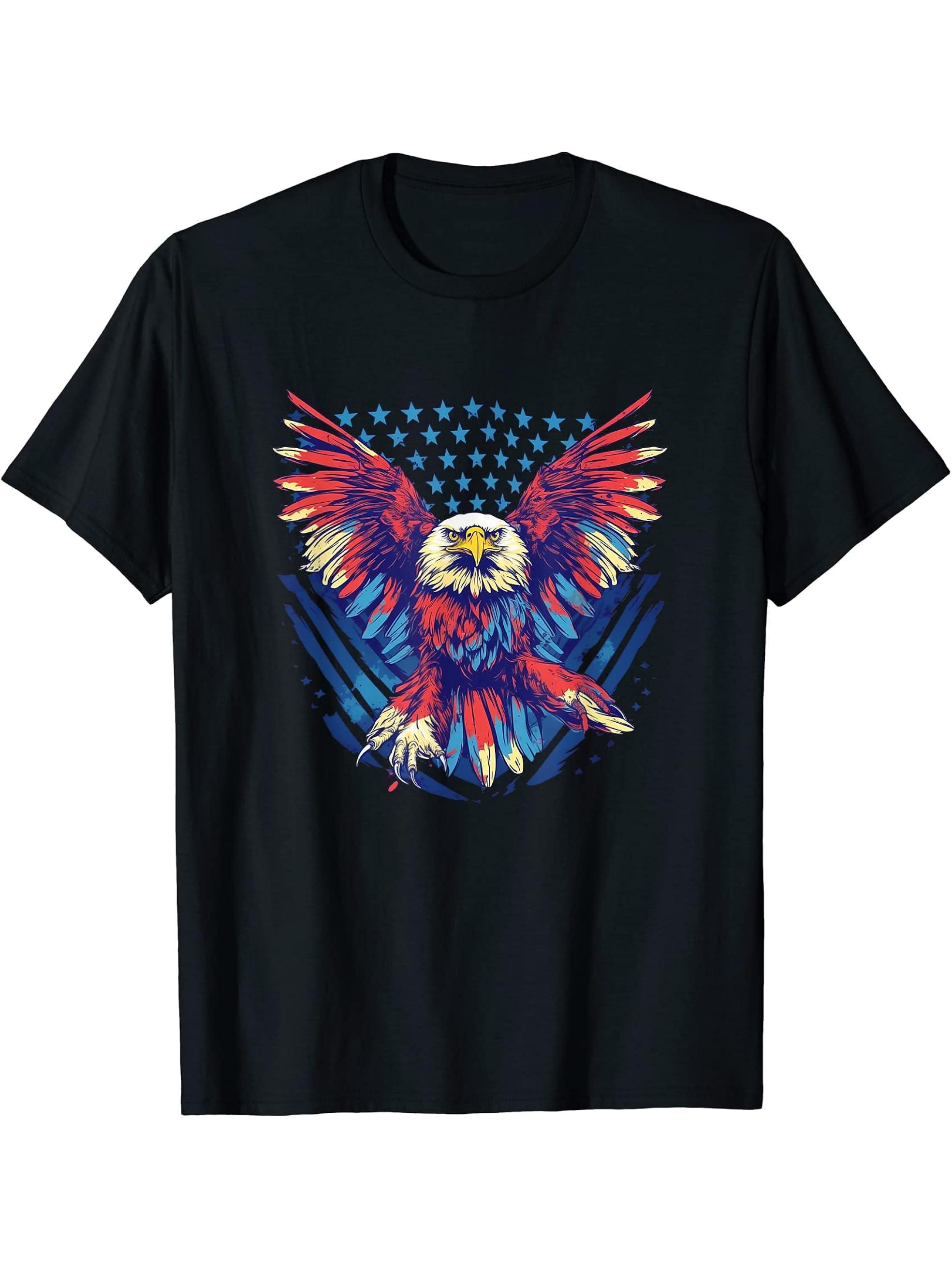 American Bald Eagle Men Women Boy Girl T-Shirt 180G 100% Cotton Printed Round Neck Short-Sleeve T-Shirt, Gifts for Men Dad Husband Grandpa, S-XXXL, Black