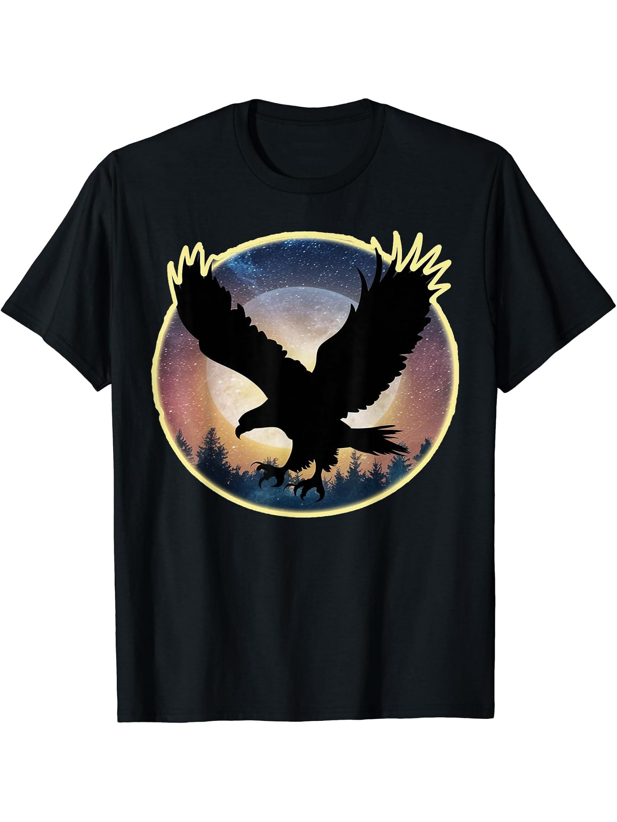Bald Eagle US American Beautiful Black Flying Eagle Bird T-Shirt 180G 100% Cotton Printed Round Neck Short-Sleeve T-Shirt, Gifts for Men Dad Husband Grandpa, S-XXXL, Black