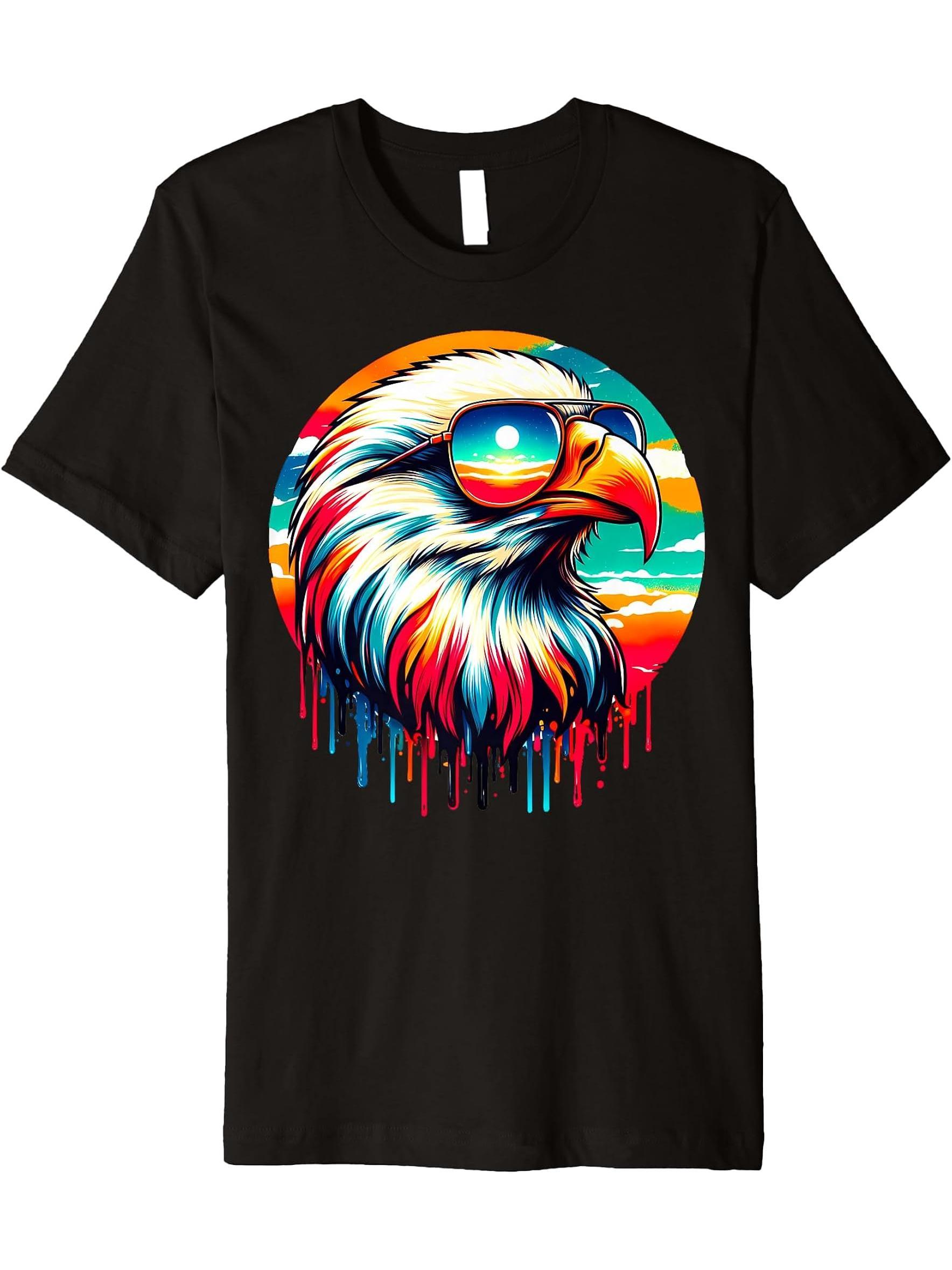 Cool Tie Dye Bald Eagle Sunglasses Bird Illustration Art Premium T-Shirt 180G 100% Cotton Printed Round Neck Short-Sleeve T-Shirt, Gifts for Men Dad Husband Grandpa, S-XXXL, Black