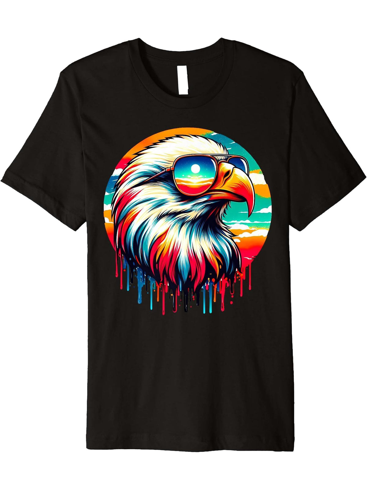 Cool Tie Dye Bald Eagle Sunglasses Bird Illustration Art Premium T-Shirt 180G 100% Cotton Printed Round Neck Short-Sleeve T-Shirt, Gifts for Men Dad Husband Grandpa, S-XXXL, Black