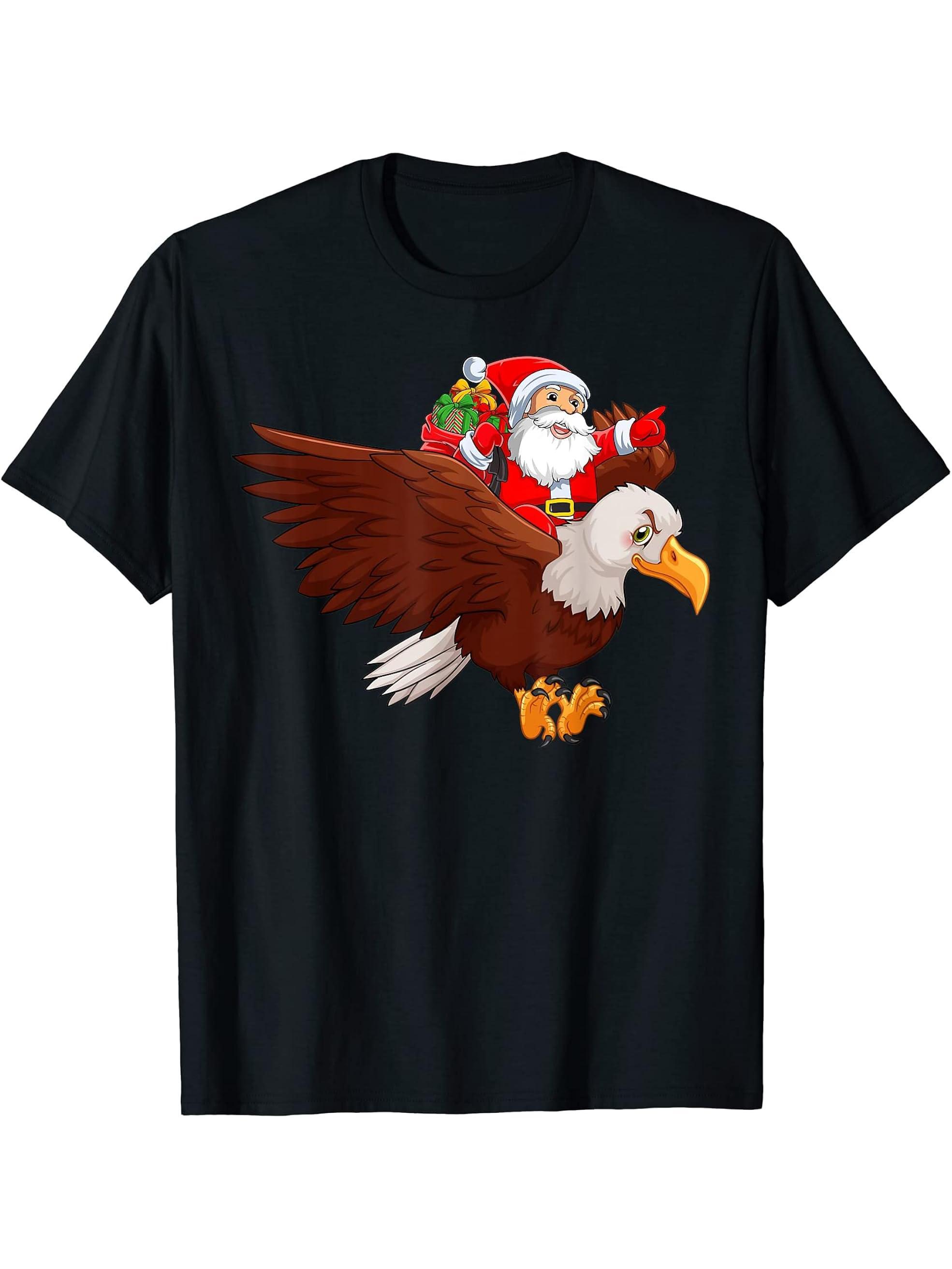 Matching Family Funny Santa Riding Bald Eagle Bird Christmas T-Shirt 180G 100% Cotton Printed Round Neck Short-Sleeve T-Shirt, Gifts for Men Dad Husband Grandpa, S-XXXL, Black