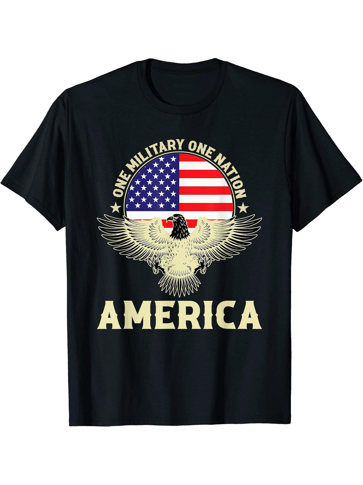 One Military One Nation America USA Flag Bald Eagle T-Shirt 180G 100% Cotton Printed Round Neck Short-Sleeve T-Shirt, Gifts for Men Dad Husband Grandpa, S-XXXL, Black