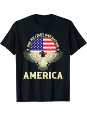 One Military One Nation America USA Flag Bald Eagle T-Shirt 180G 100% Cotton Printed Round Neck Short-Sleeve T-Shirt, Gifts for Men Dad Husband Grandpa, S-XXXL, Black