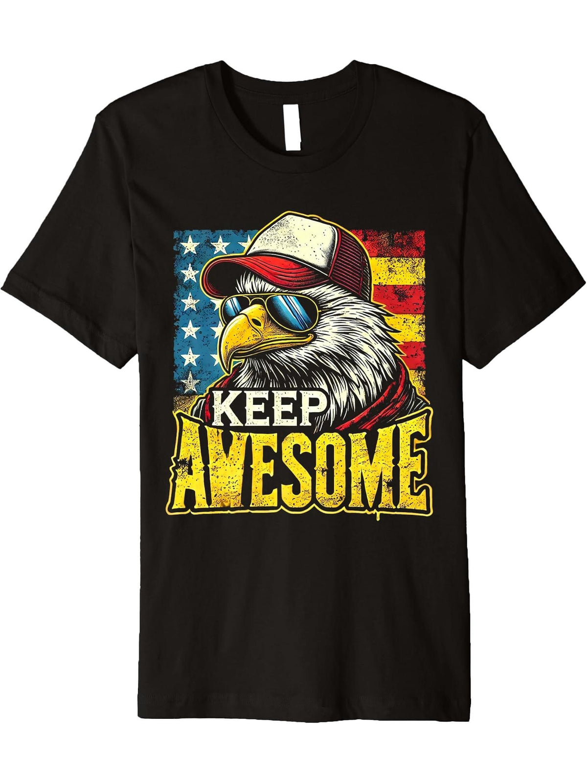 Vintage Retro American Flag Cool Bald Eagle Keep Awesome Premium T-Shirt 180G 100% Cotton Printed Round Neck Short-Sleeve T-Shirt, Gifts for Men Dad Husband Grandpa, S-XXXL, Black
