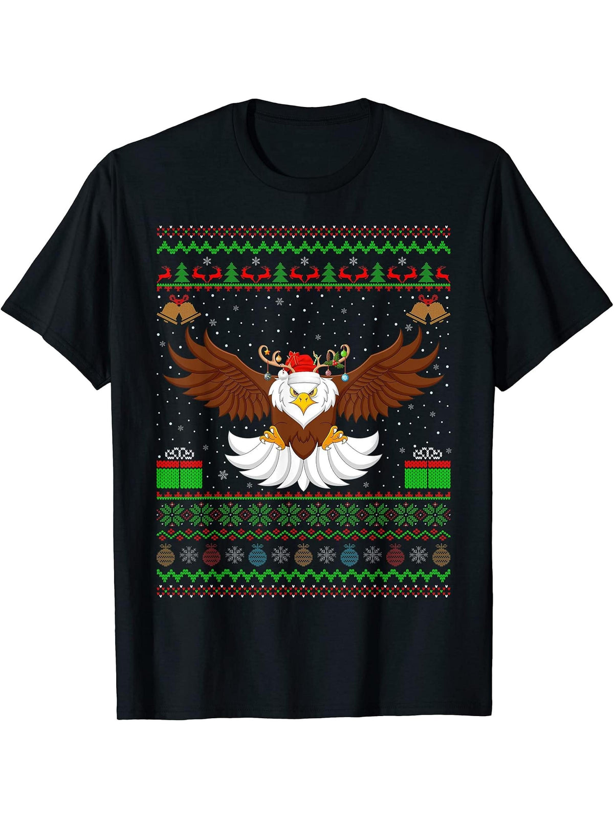 Reindeer Santa Hat Matching Ugly Bald Eagle Christmas T-Shirt 180G 100% Cotton Printed Round Neck Short-Sleeve T-Shirt, Gifts for Men Dad Husband Grandpa, S-XXXL, Black