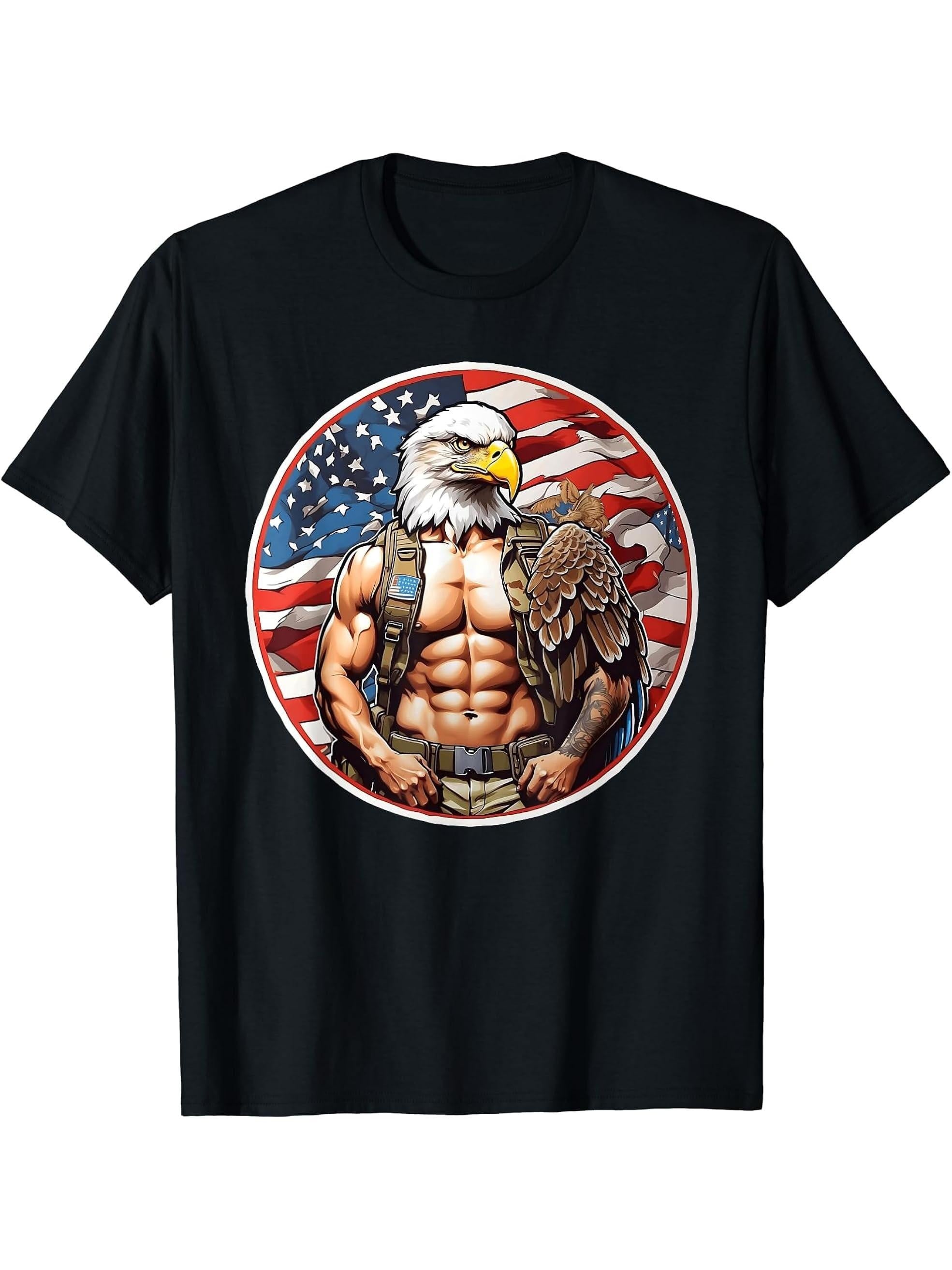 Bald Eagle Warrior - Military Soldier with an Eagle's Head T-Shirt 180G 100% Cotton Printed Round Neck Short-Sleeve T-Shirt, Gifts for Men Dad Husband Grandpa, S-XXXL, Black