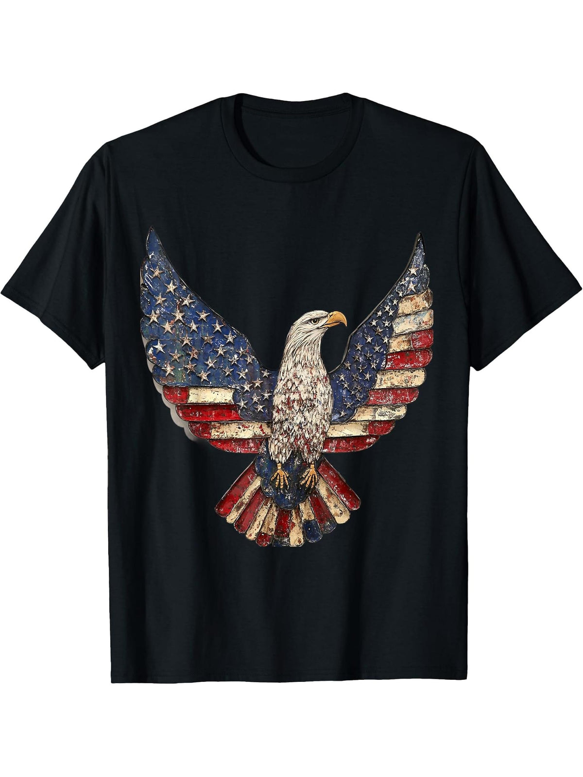 American Bald Eagle USA Flag Patriotic 4th of July Vintage T-Shirt 180G 100% Cotton Printed Round Neck Short-Sleeve T-Shirt, Gifts for Men Dad Husband Grandpa, S-XXXL, Black