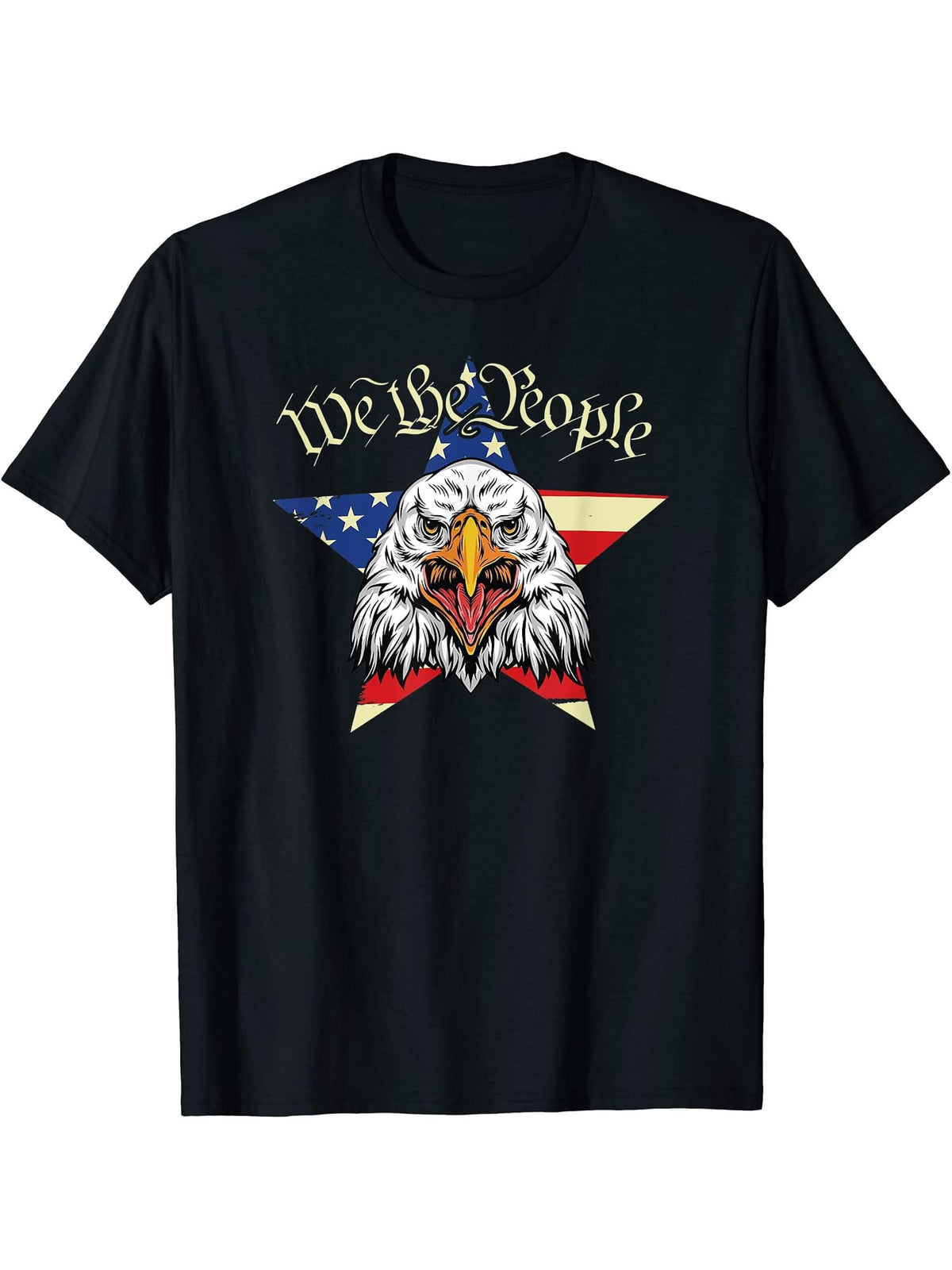 We the People - Bald Eagle and USA Flag T-Shirt 180G 100% Cotton Printed Round Neck Short-Sleeve T-Shirt, Gifts for Men Dad Husband Grandpa, S-XXXL, Black