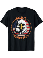 Bald Is Beautiful 4th of July Independence Day Bald Eagle T-Shirt 180G 100% Cotton Printed Round Neck Short-Sleeve T-Shirt, Gifts for Men Dad Husband Grandpa, S-XXXL, Black