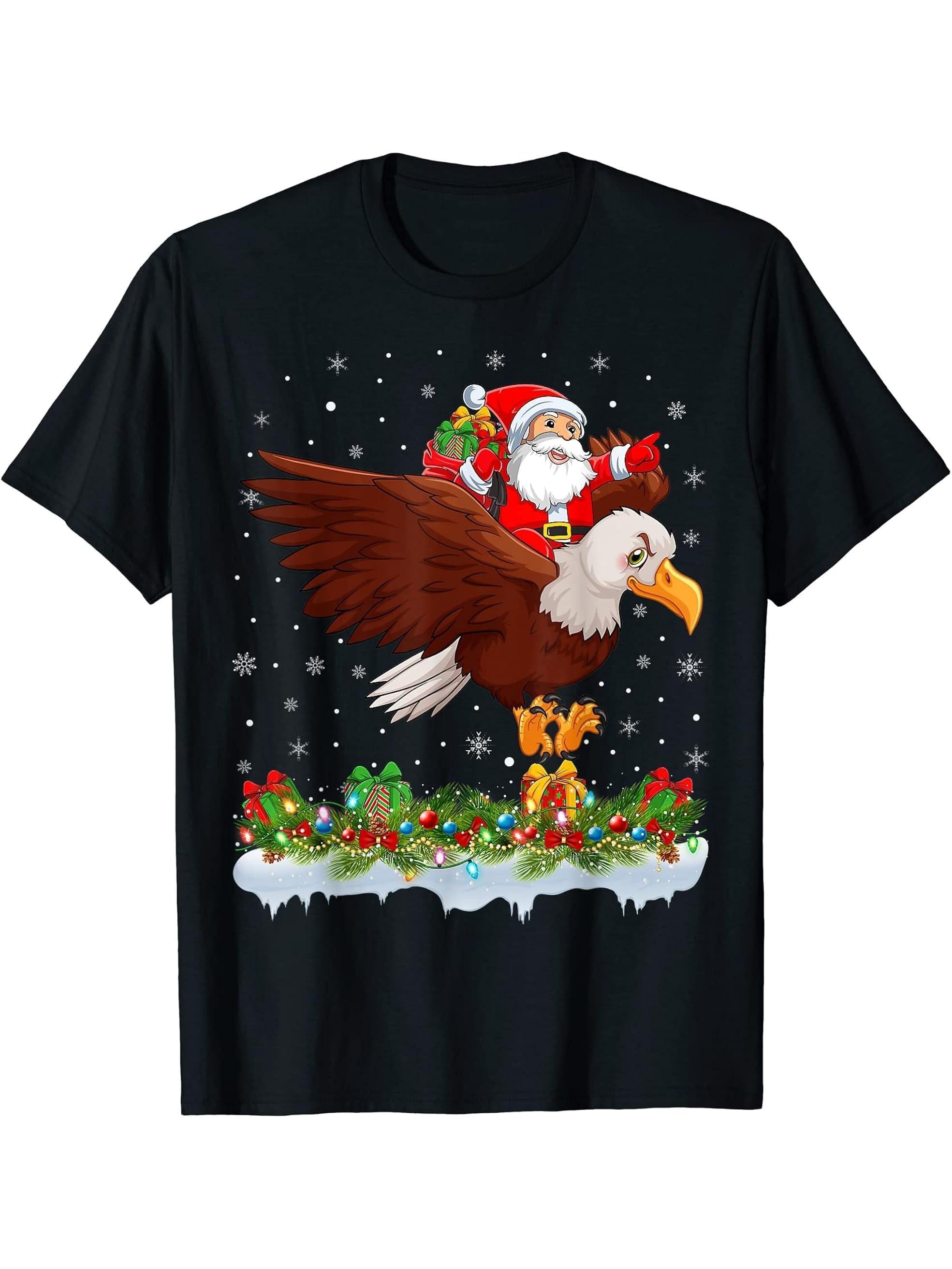 Xmas Funny Santa Claus Riding Bald Eagle Bird Christmas T-Shirt 180G 100% Cotton Printed Round Neck Short-Sleeve T-Shirt, Gifts for Men Dad Husband Grandpa, S-XXXL, Black