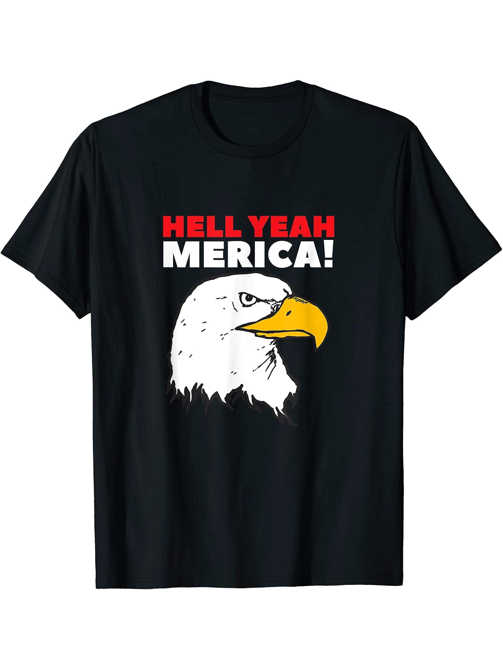Hell Yeah Merica! Bald Eagle USA T-Shirt 180G 100% Cotton Printed Round Neck Short-Sleeve T-Shirt, Gifts for Men Dad Husband Grandpa, S-XXXL, Black