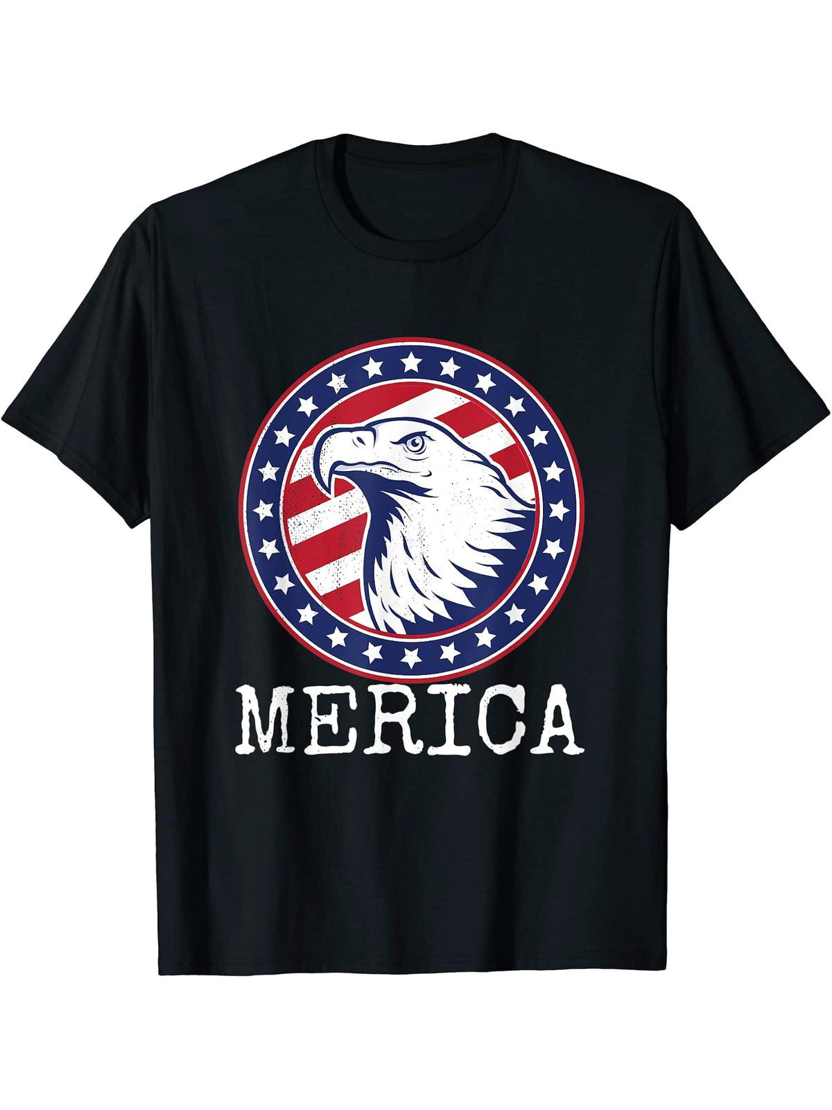 Merica Bald Eagle American Patriot USA T-Shirt 180G 100% Cotton Printed Round Neck Short-Sleeve T-Shirt, Gifts for Men Dad Husband Grandpa, S-XXXL, Black