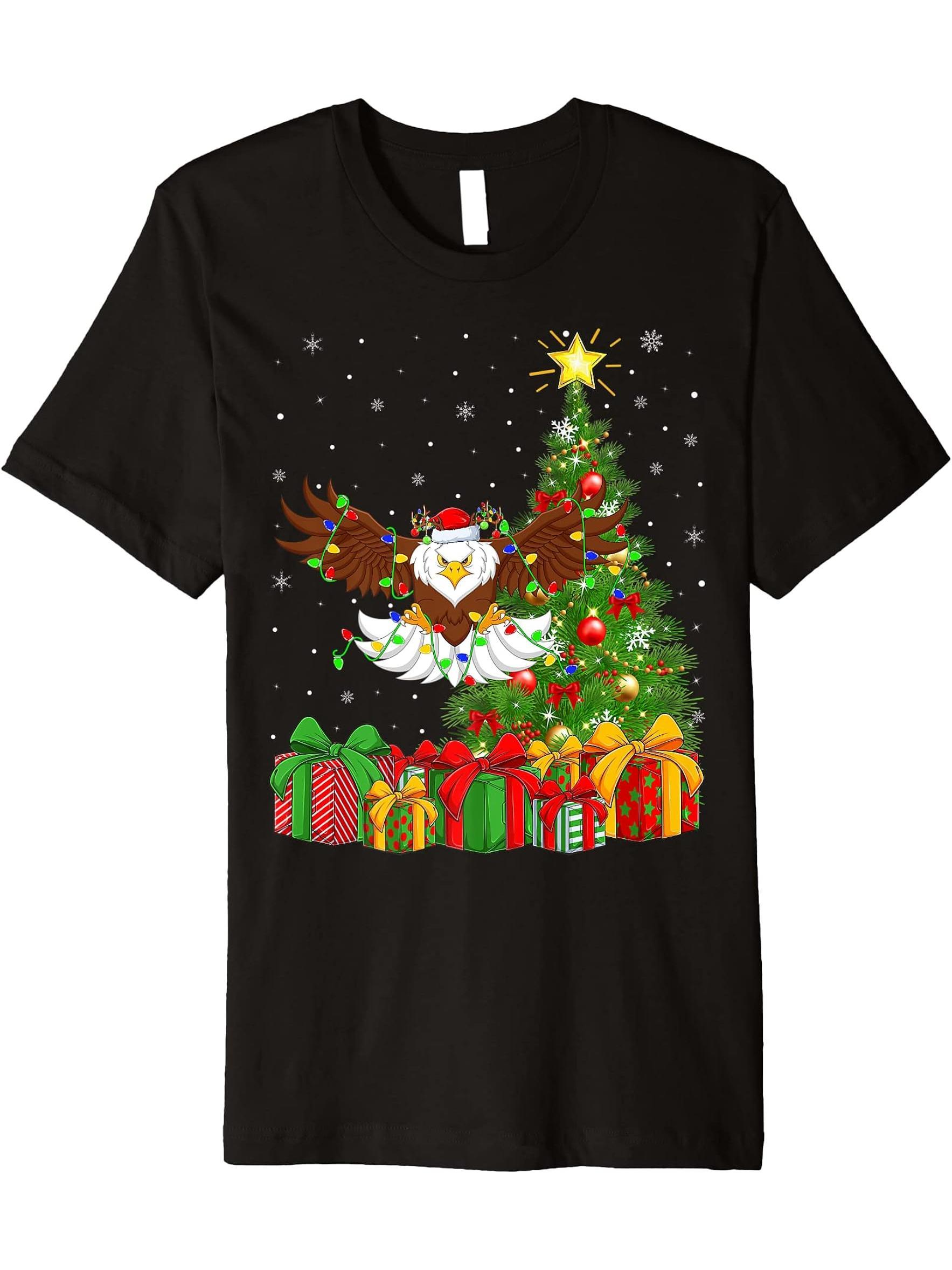 Bald Eagle Lighting Xmas Tree Santa Hat Bald Eagle Christmas Premium T-Shirt 180G 100% Cotton Printed Round Neck Short-Sleeve T-Shirt, Gifts for Men Dad Husband Grandpa, S-XXXL, Black