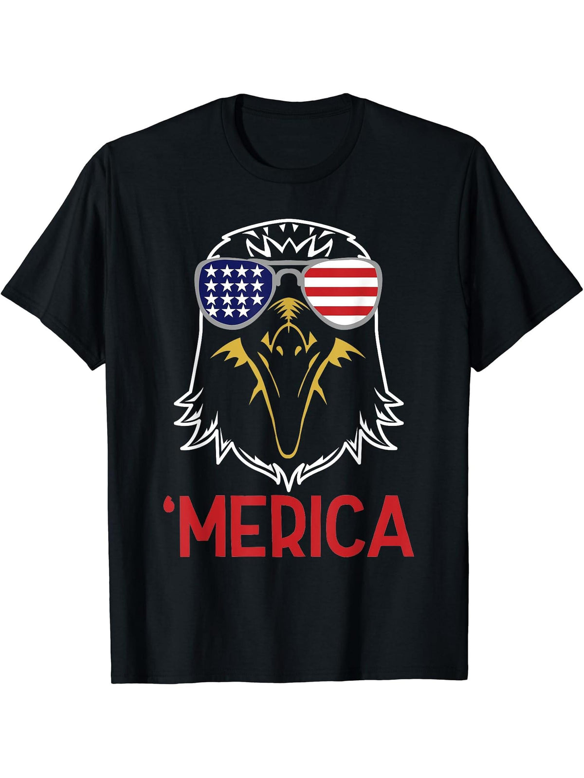 Merica Bald Eagle with Cool Patriotic Shades T-Shirt 180G 100% Cotton Printed Round Neck Short-Sleeve T-Shirt, Gifts for Men Dad Husband Grandpa, S-XXXL, Black