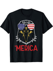 Merica Bald Eagle with Cool Patriotic Shades T-Shirt 180G 100% Cotton Printed Round Neck Short-Sleeve T-Shirt, Gifts for Men Dad Husband Grandpa, S-XXXL, Black