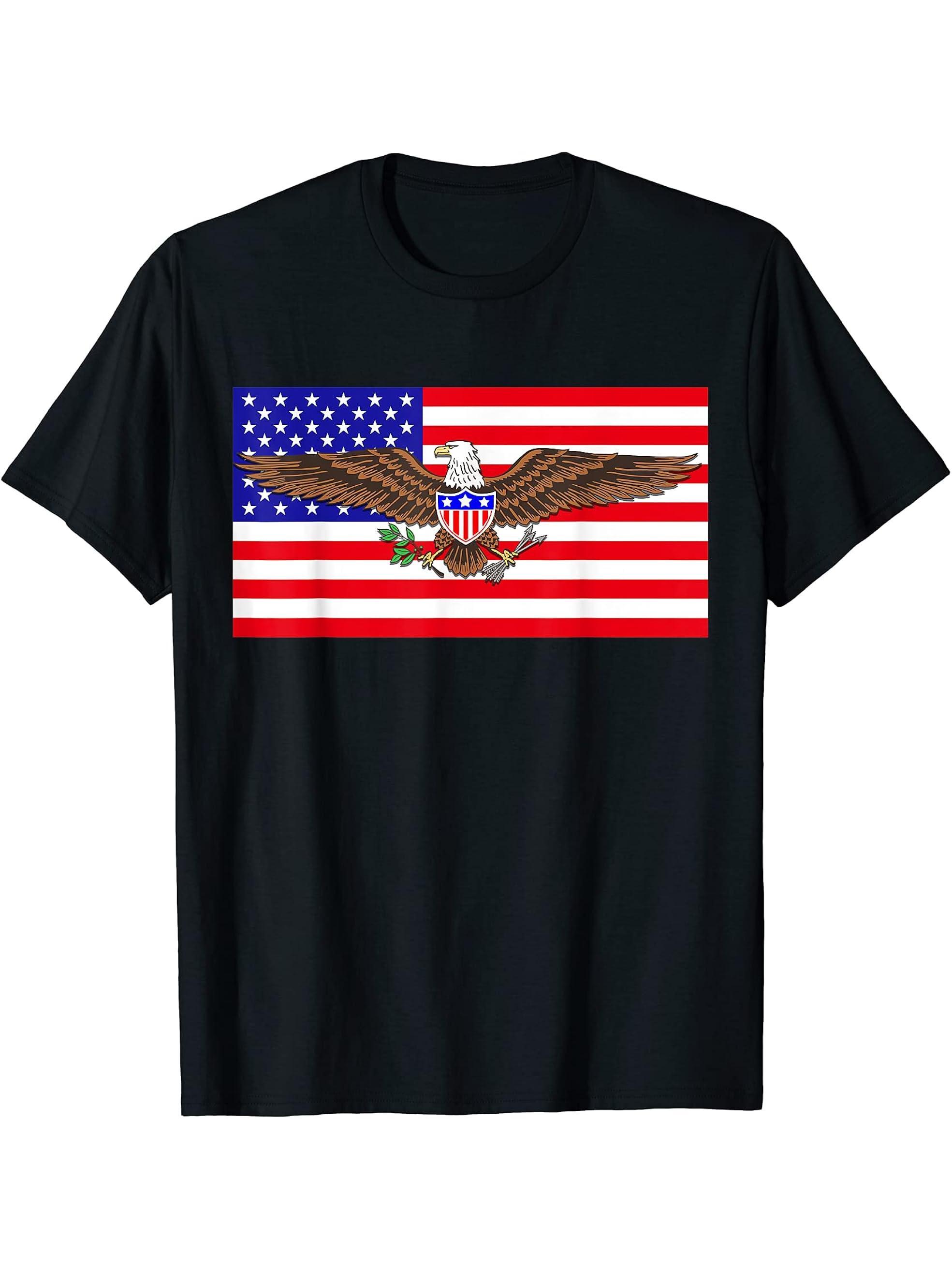 Patriotic United States Bald Eagle And Flag T-Shirt 180G 100% Cotton Printed Round Neck Short-Sleeve T-Shirt, Gifts for Men Dad Husband Grandpa, S-XXXL, Black