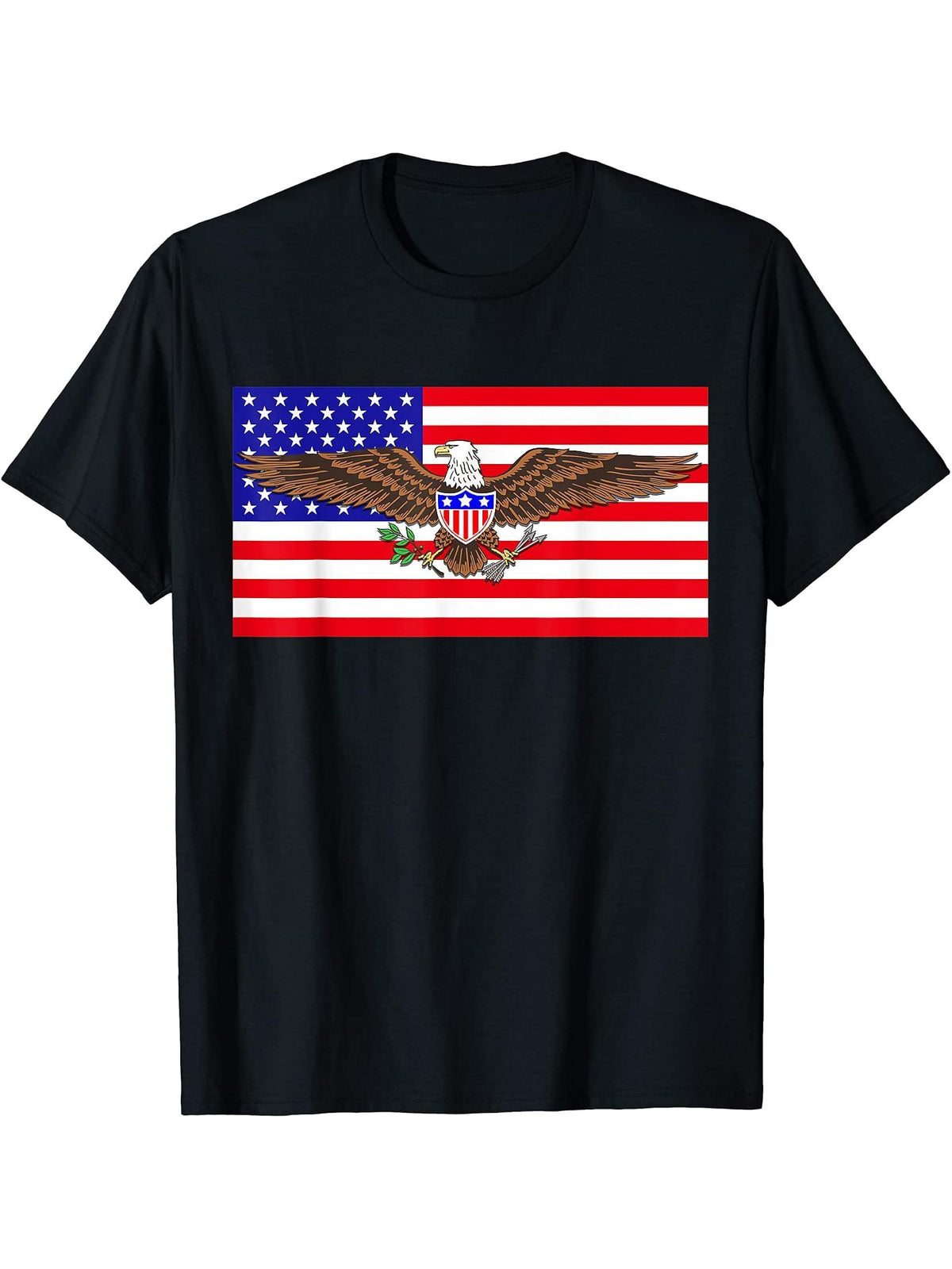 Patriotic United States Bald Eagle And Flag T-Shirt 180G 100% Cotton Printed Round Neck Short-Sleeve T-Shirt, Gifts for Men Dad Husband Grandpa, S-XXXL, Black